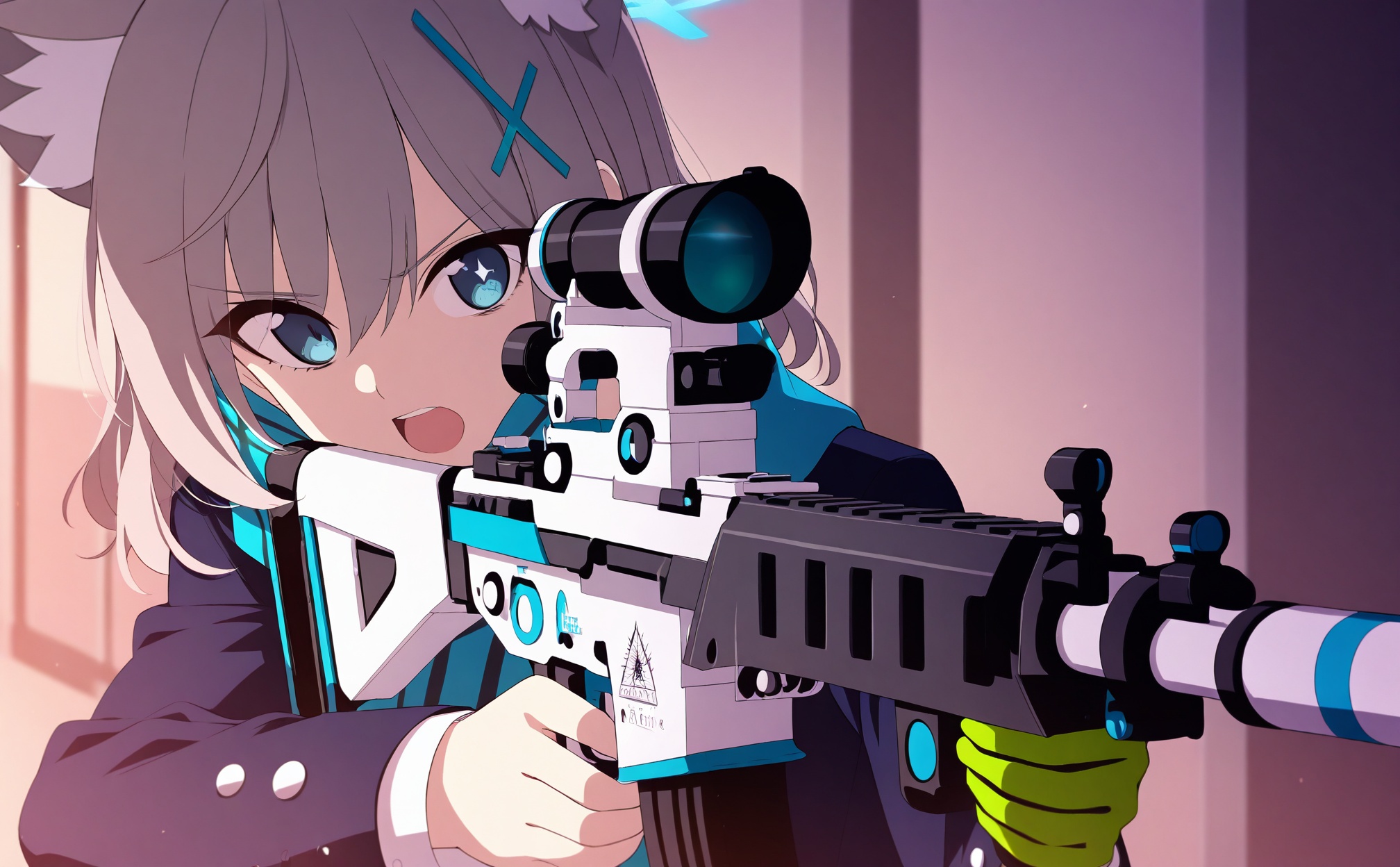 masterpiece,best quality,high quality,loli,1girl, rifle, assault rifle, shiroko (blue archive), gun, animal ears, weapon, wolf ears, solo, hair ornament, aiming, halo, grey hair, blue eyes, sig sauer, gloves, cross hair ornament, school uniform, single glove, green gloves, extra ears, holding weapon, jacket, holding, holding gun, open mouth, long sleeves, scarf, animal ear fluff, medium hair, scope, hair between eyes, upper body, blazer, blue jacket, mismatched pupils, buttoned cuffs, looking at viewer, shirt, blue scarf,<lora:BA2——【Illustrious】hans:1>,