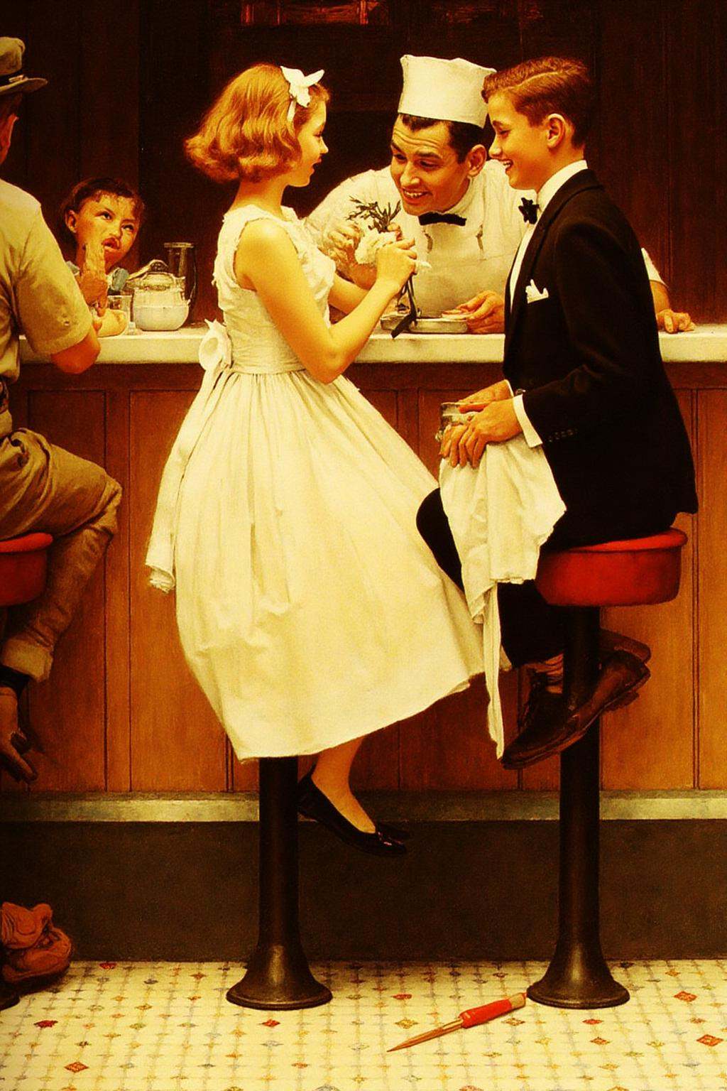 normanrockwell1 painting. Inside a 1950s-style diner,  a young girl with shoulder-length hair,  dressed ina knee-length on...