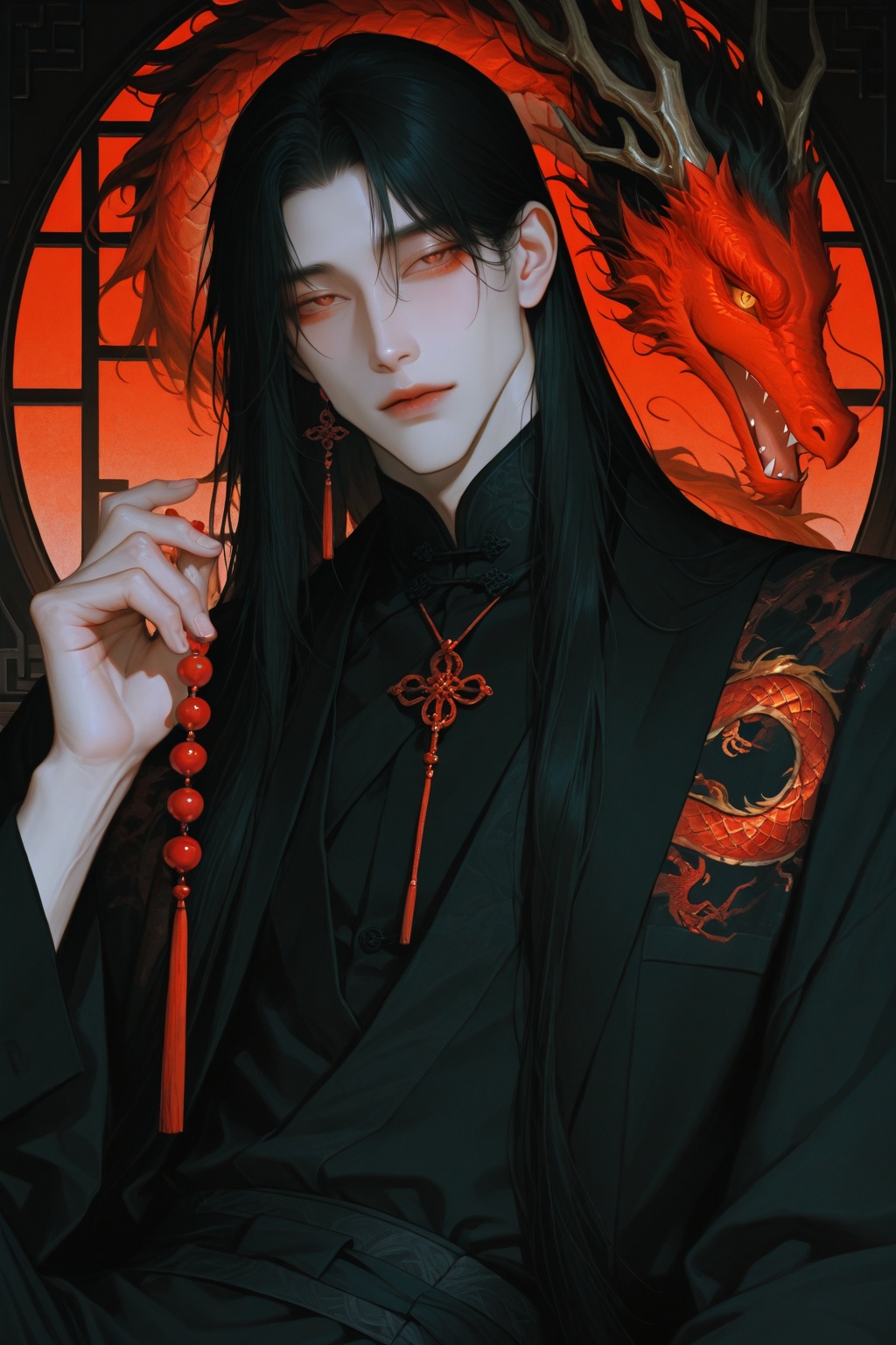 (A MALE ! AGAIN ! ALONE ! SINGLE AGAIN) modern ,  a Chinese man ,  black outfit with red dragon pattern on Tensor.Art