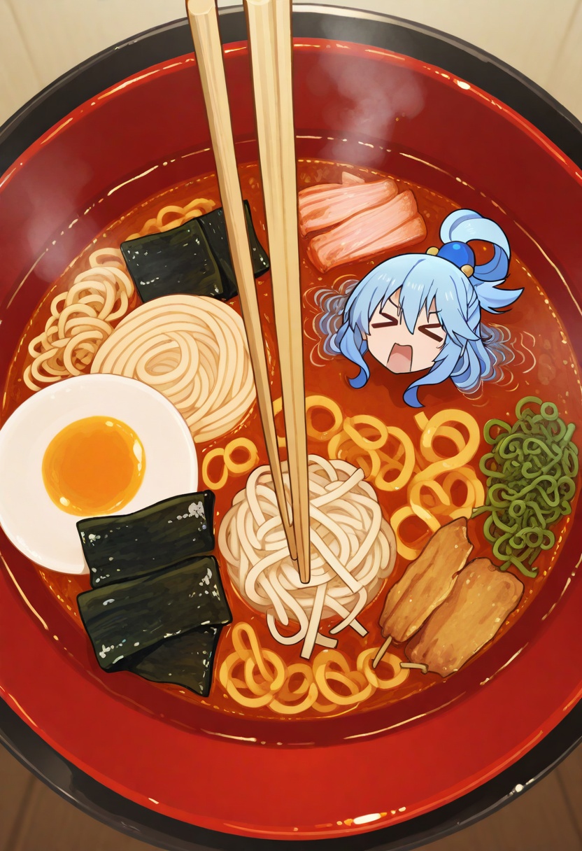 dynamic fisheye lens,  Aqua (Konosuba) trapped in giant_ramen_bowl,  noodle_arms_flailing on Tensor.Art