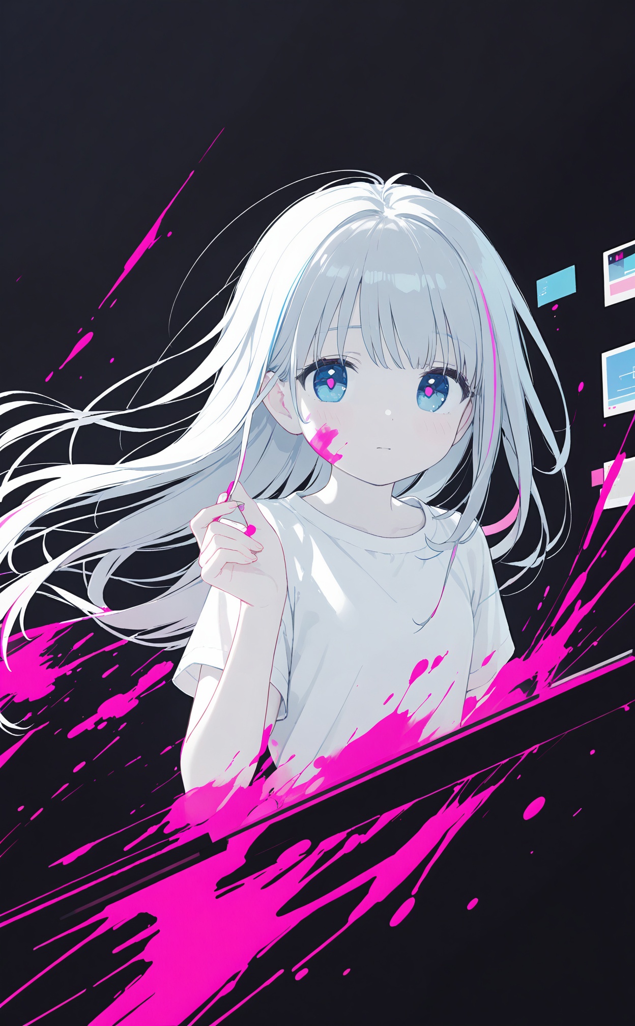 masterpiece,best quality,high quality,(colorful),artist Alens,Artist\:ciloranko,Artist hiten \(hitenkei\),artist wlop,artist tianliangduohefangdongye,loli,1girl,solo,pink blood,blue eyes,upper body,white hair,long hair,shirt,multicolored hair,blue hair,looking at viewer,closed mouth,blood,floating hair,white shirt,holographic interface,hand up,colored skin,paint splatter,white skin,window (computing),liquid,paint splatter on face,holographic monitor,pink hair,short sleeves,parted bangs,hair intakes,long sleeves,blood on face,black background,expressionless,glitch,pink pupils,streaked hair,pale skin,