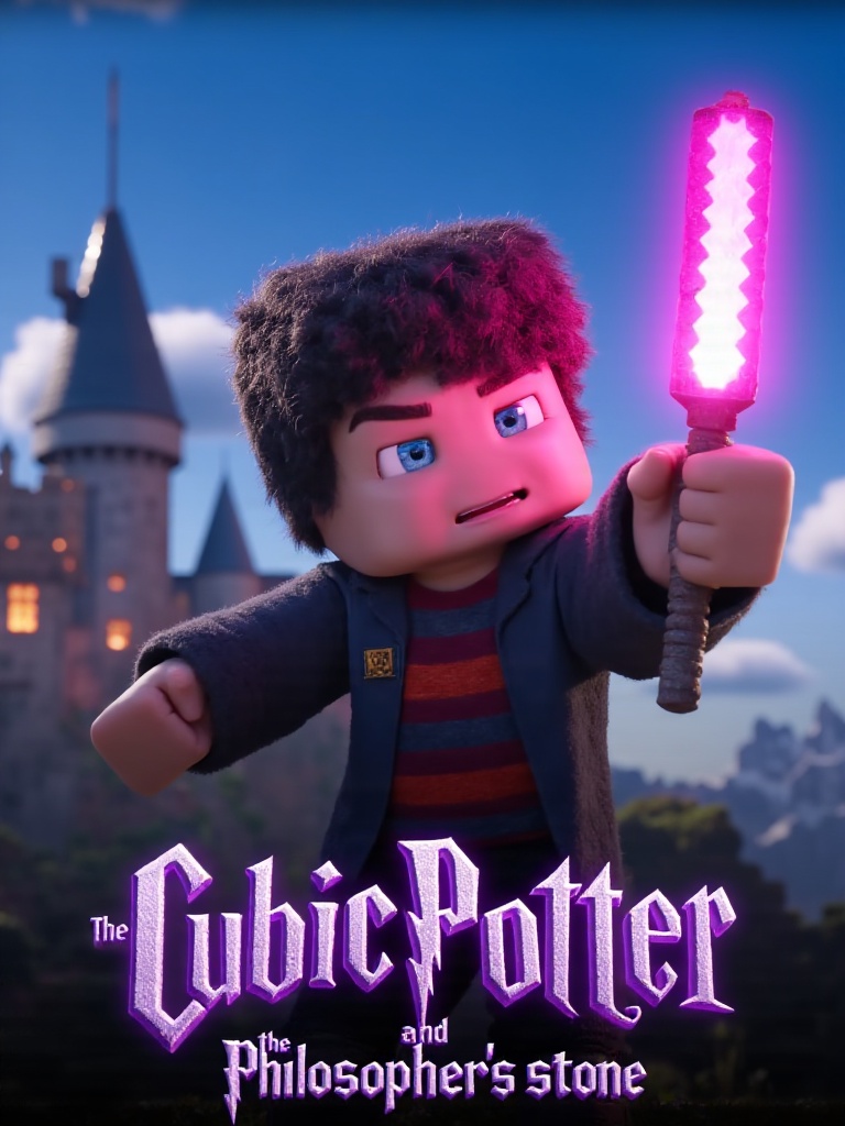 Movie poster for "Cubic Potter and the Philosopher's Stone",  featuring blocky Harry with furry hair and square lightning...