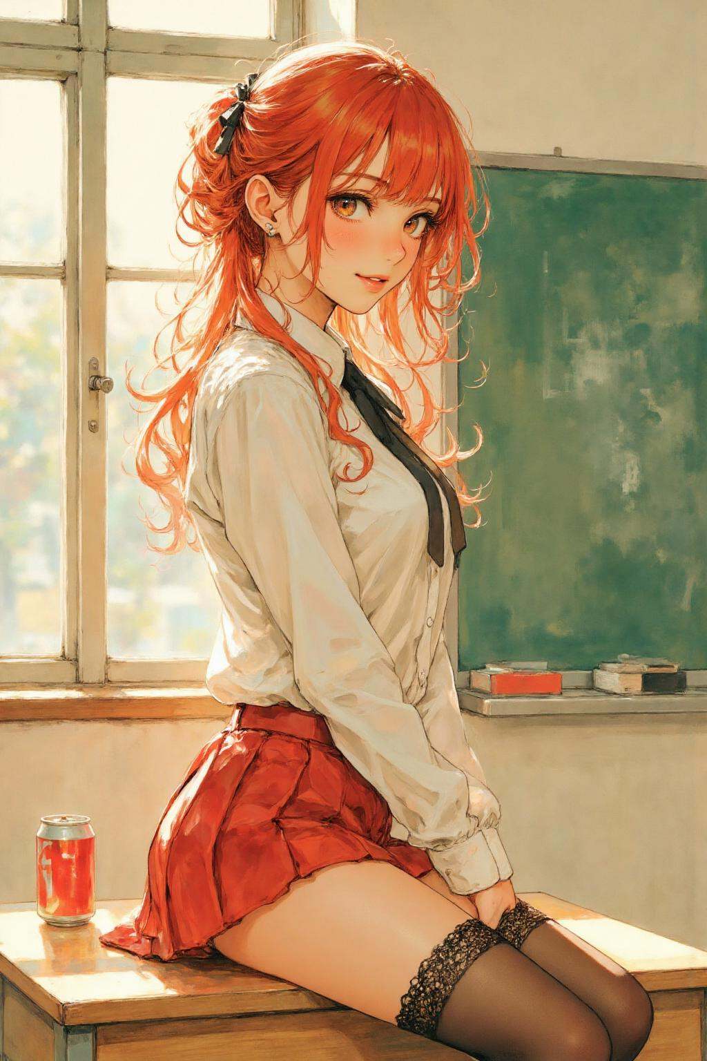 nijiwatercolor2 anime illustration.A young woman with long,  wavy red hair,  wearing a white blouse with a black tie and a...