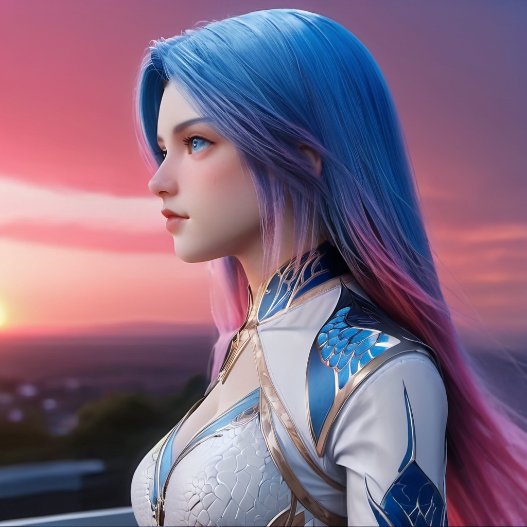 1girl,solo,long hair,blue hair,gradient hair,blue eyes,white dress,from side,outdoors,pink ins cyber red filter sunset,very beautiful scenery,portrait,realistic,Highly detailed,(ultra-detailed),(best quality,masterpiece:1.5),<lora:斗罗大陆2绝世唐门-王秋儿XL:0.75>,