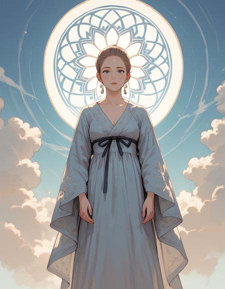 This haunting image captures a solitary figure in flowing robes,  standing before a perfect circle of light in a misty,  e...