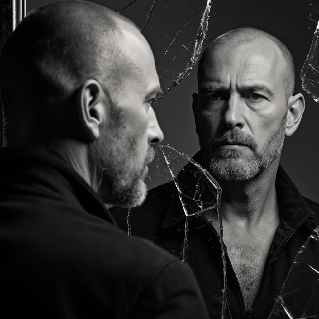 Surrealist art cinematic image of a serious looking mature man looking at himself in a broken mirror,  perfect image,  per...