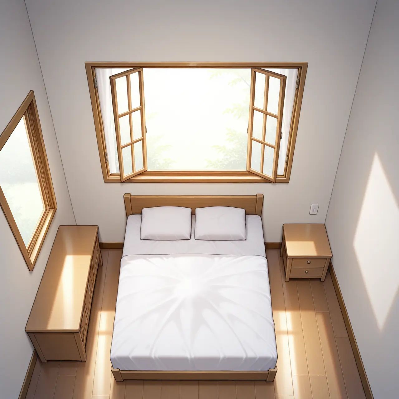 indoors,  white bed,  wooden floor on Tensor.Art