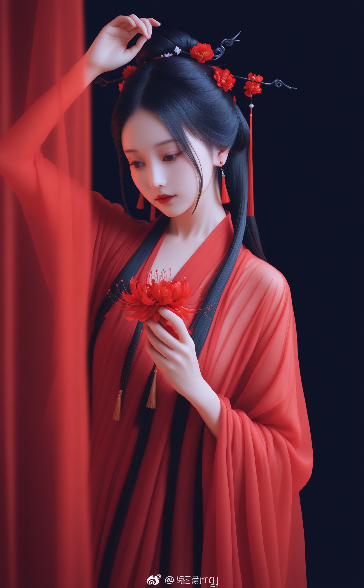 masterpiece,best quality,high quality,1girl,flower,tassel,spider lily,holding flower,curtains,solo,looking down,tassel earrings,hair ornament,upper body,jewelry,earrings,holding,chinese clothes,red flower,black hair,weibo logo,weibo username,light,hanfu,red curtains,long hair,dress,red lips,expressionless,hand up,red theme,realistic,hair bun,blurry,tassel hair ornament,looking at object,arm up,hair stick,dark,ribbon,dark background,