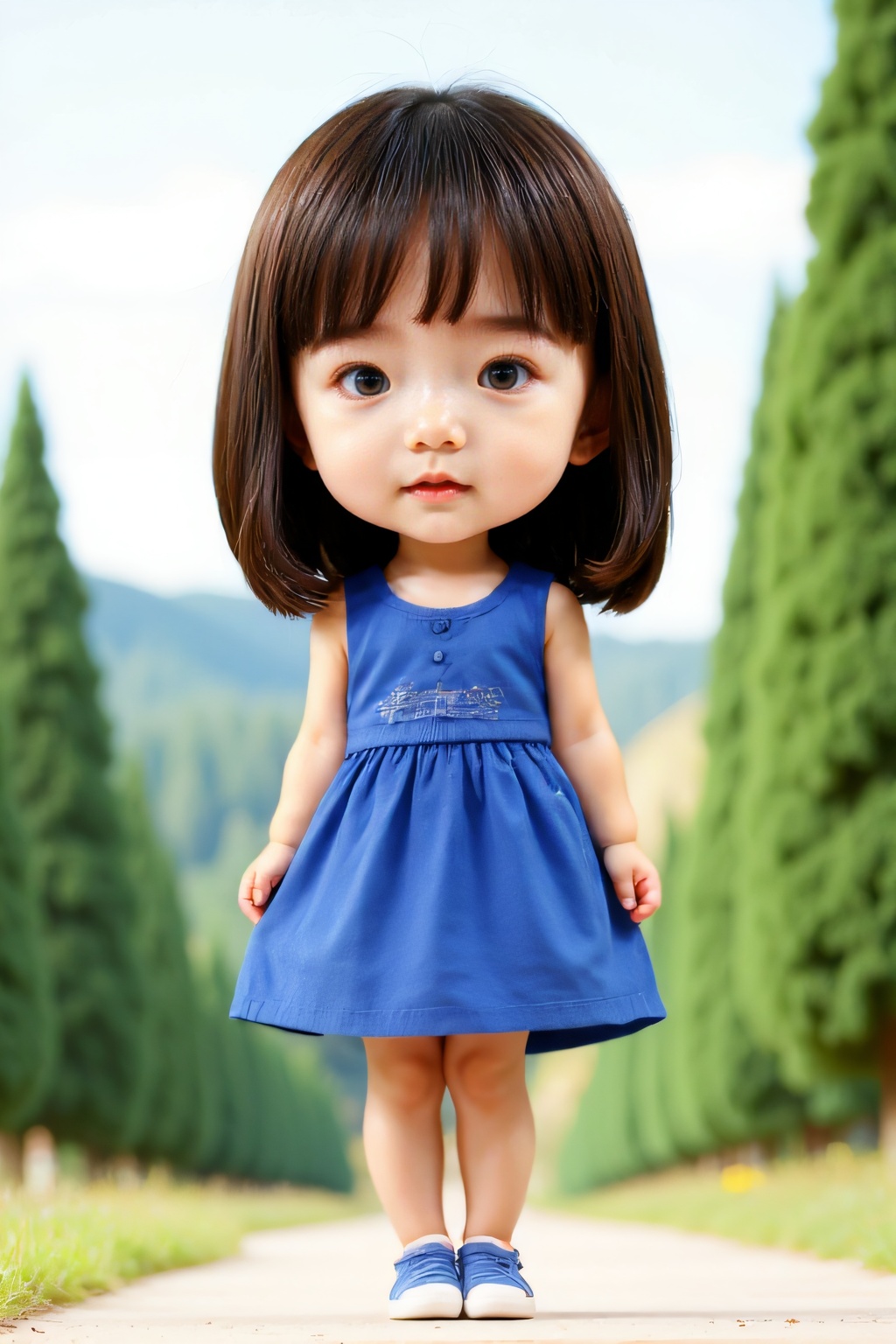 <lora:AgainF1ChibiLora:1>,girl,chibi,full body,blue dress,outdoors,
