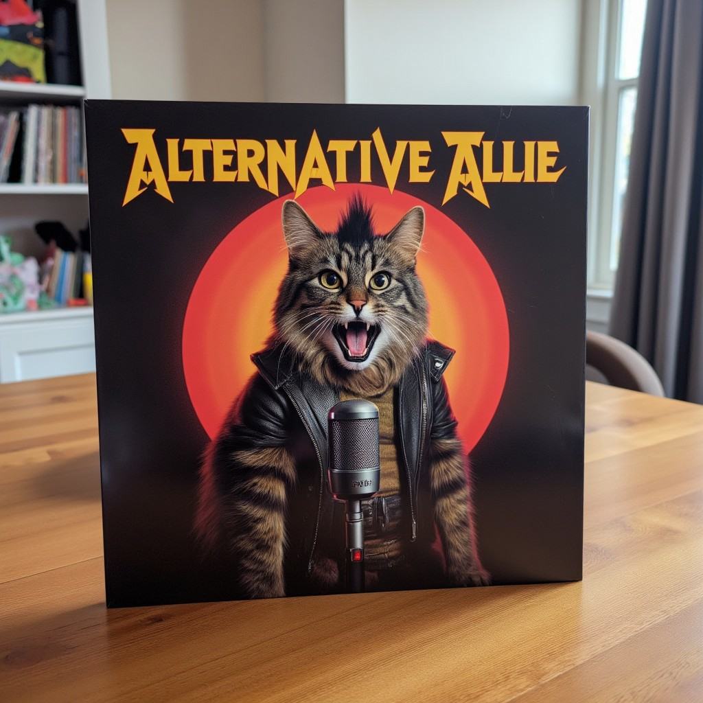 This image is a photograph of a vinyl record cover titled "Alternative Allie" in a punk rock font on a wooden table,  feat...