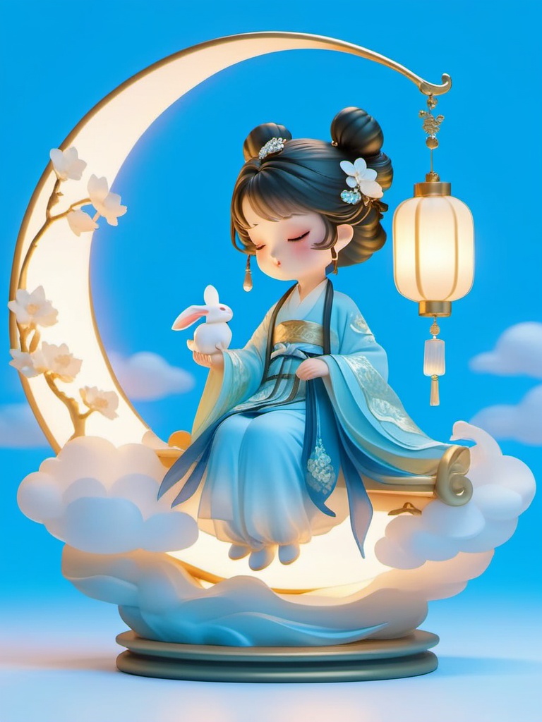 manghe,c4d, A super detailed, digital 3D illustration of a young Asian girl with pale skin and dark hair styled in a fancy updo, featuring a white flower accessory. She's rocking a traditional, light blue, silk kimono with intricate golden patterns. The girl is sitting on a crescent moon-shaped platform, surrounded by soft, fluffy clouds, with a cute white bunny perched on her hand. A glowing lantern dangles from the crescent moon's curve, adding a magical, dreamy vibe. The background is a chill light blue gradient, enhancing the ethereal and tranquil feel.,<lora:manghe_v1-000010:0.8>