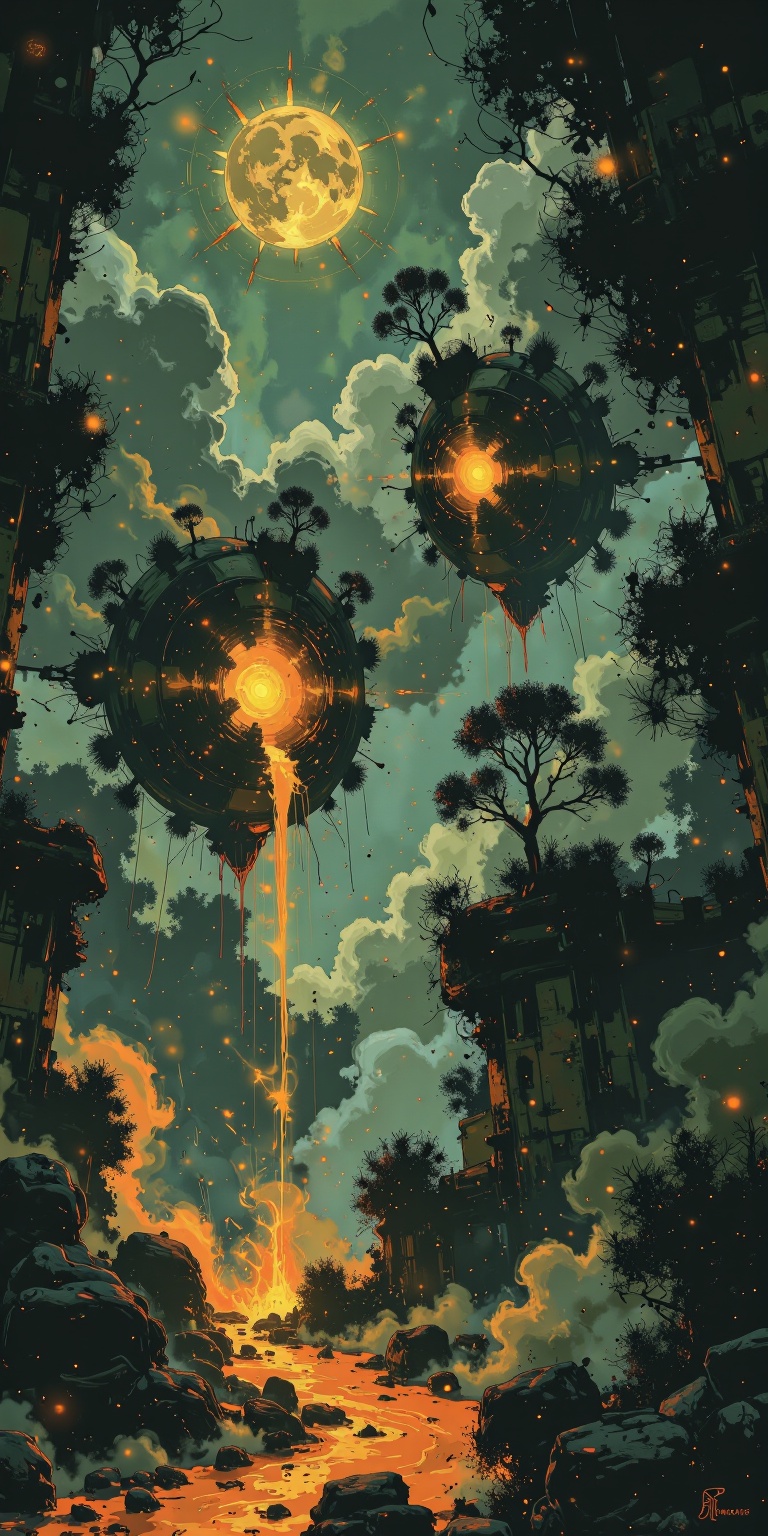 Floating islands with glowing trees,  rivers flowing **** golden ribbons,  and starry skies wafting **** fine smoke on Ten...