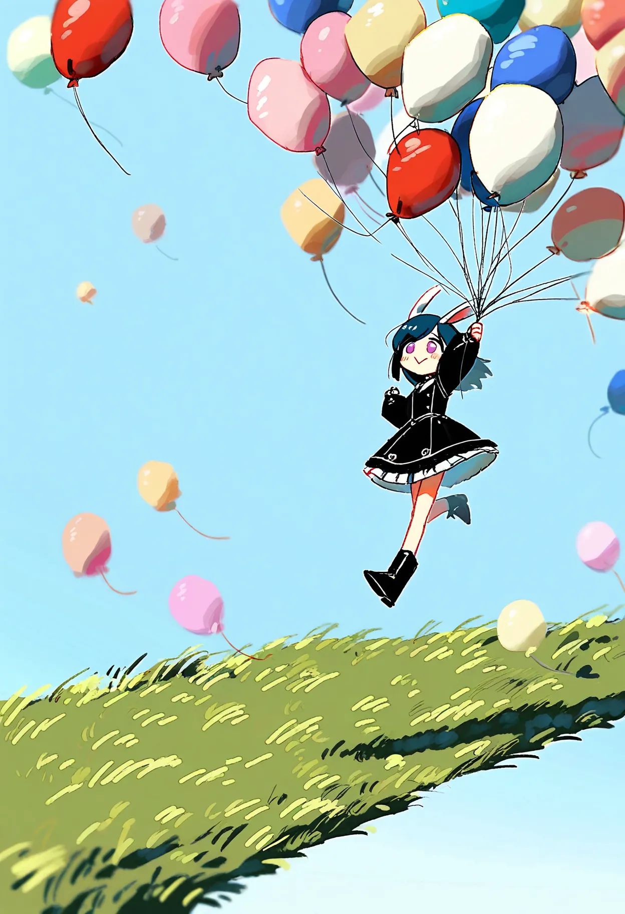 newest, highres, safe, year 2024, extremely aesthetic, Tsukumizu, (porforever:0.5), (rei \(sanbonzakura\):0.8), tsubonari, (watanabe tomari:0.8), tareme, 1girl, blue hair, straight hair, swept bangs, rabbit ears, animal ears, pink eyes, :>, holding balloon, dynamic, flying, off the ground, lolita dress, boots, clear sky, grass, outdoors, a woman holding a bunch of balloons, flying into the air, , highly detailed, masterpiece, best quality, very aesthetic, absurdres