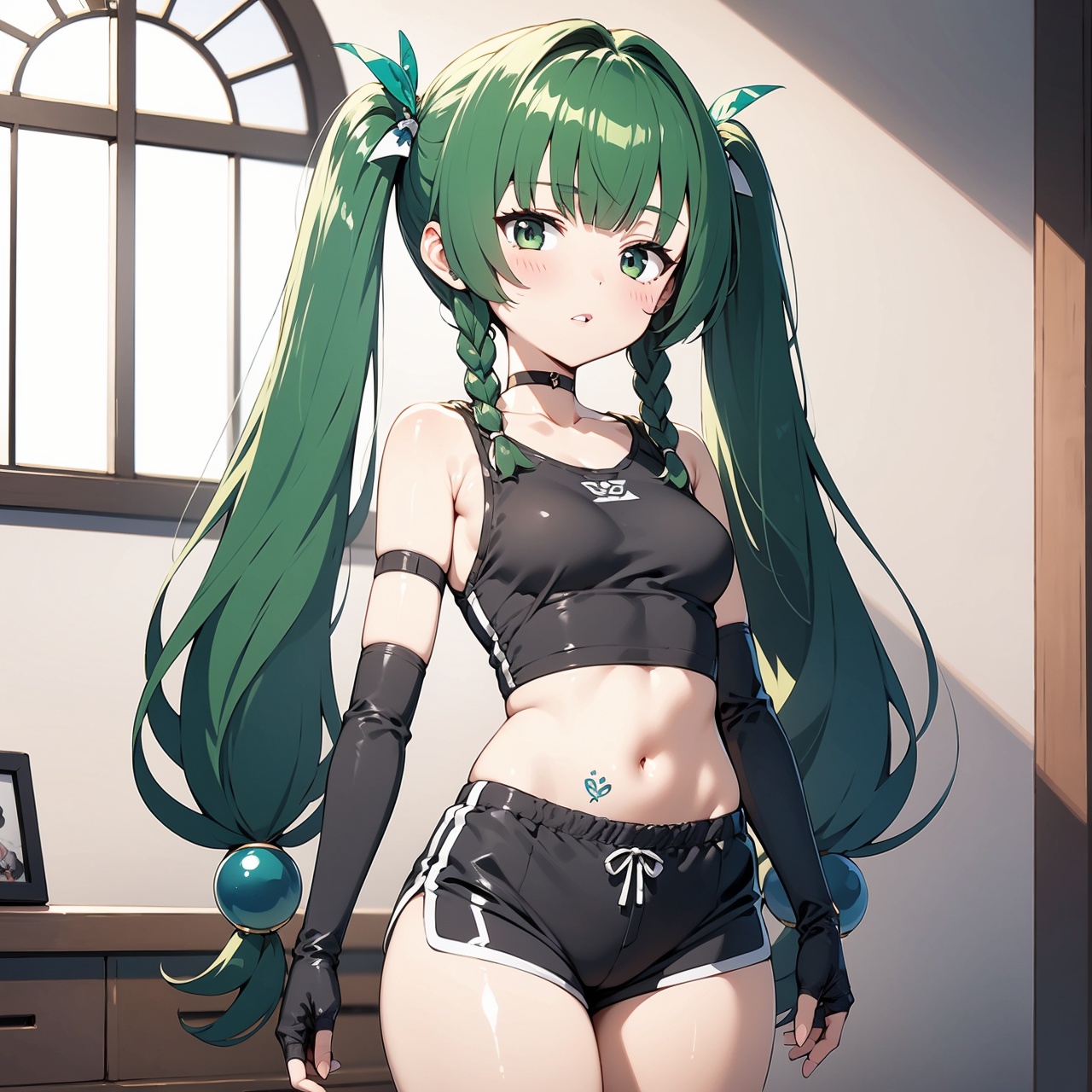 1girl,solo,long hair,breasts,looking at viewer,blush,bangs,shirt,hair ornament,thighhighs,gloves,hat,navel,bare shoulders,twintails,very long hair,underwear,green eyes,standing,collarbone,panties,sidelocks,thighs,cowboy shot,small breasts,parted lips,green hair,shorts,sleeveless,choker,black gloves,elbow gloves,midriff,indoors,fingerless gloves,stomach,crop top,black shirt,short shorts,window,black headwear,tattoo,beret,highleg,black choker,black shorts,thigh gap,hair intakes,blue headwear,highleg panties,clock,joints,micro shorts,Blank background,qing-yi,