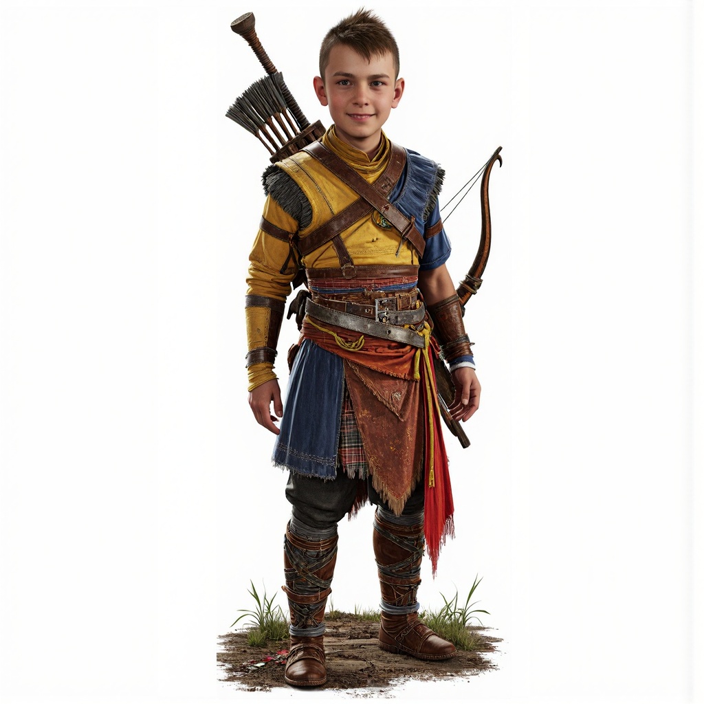 GoWRAtreus,  a 14 year old viking boy Standing with one arm raised and other arm at side. The boy has blue eyes. He has a...