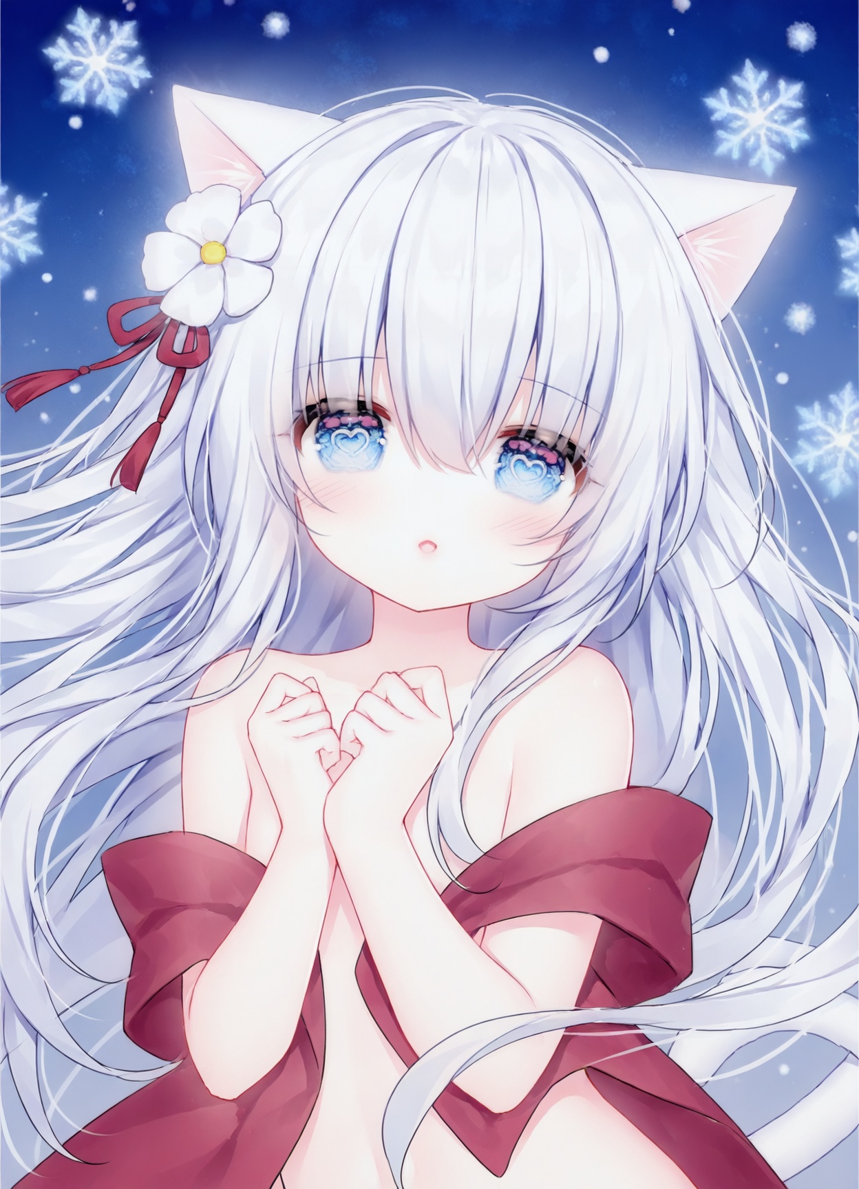 masterpiece, best_quality,high_quality,guo jiang mullay, loli,chen_bin,heart-shaped eyes,1girl, animal ears, solo, long hair, cat ears, tail, blue eyes, snowflakes, cat tail, hair flower, hair ornament, flower, white hair, cat girl, upper body, floating hair, nude, very long hair, parted lips, blue background, hands up, blurry, white flower, shawl, bare shoulders, hair between eyes<lora:guo_jiang-R2-lokr-f4-000040:0.85>