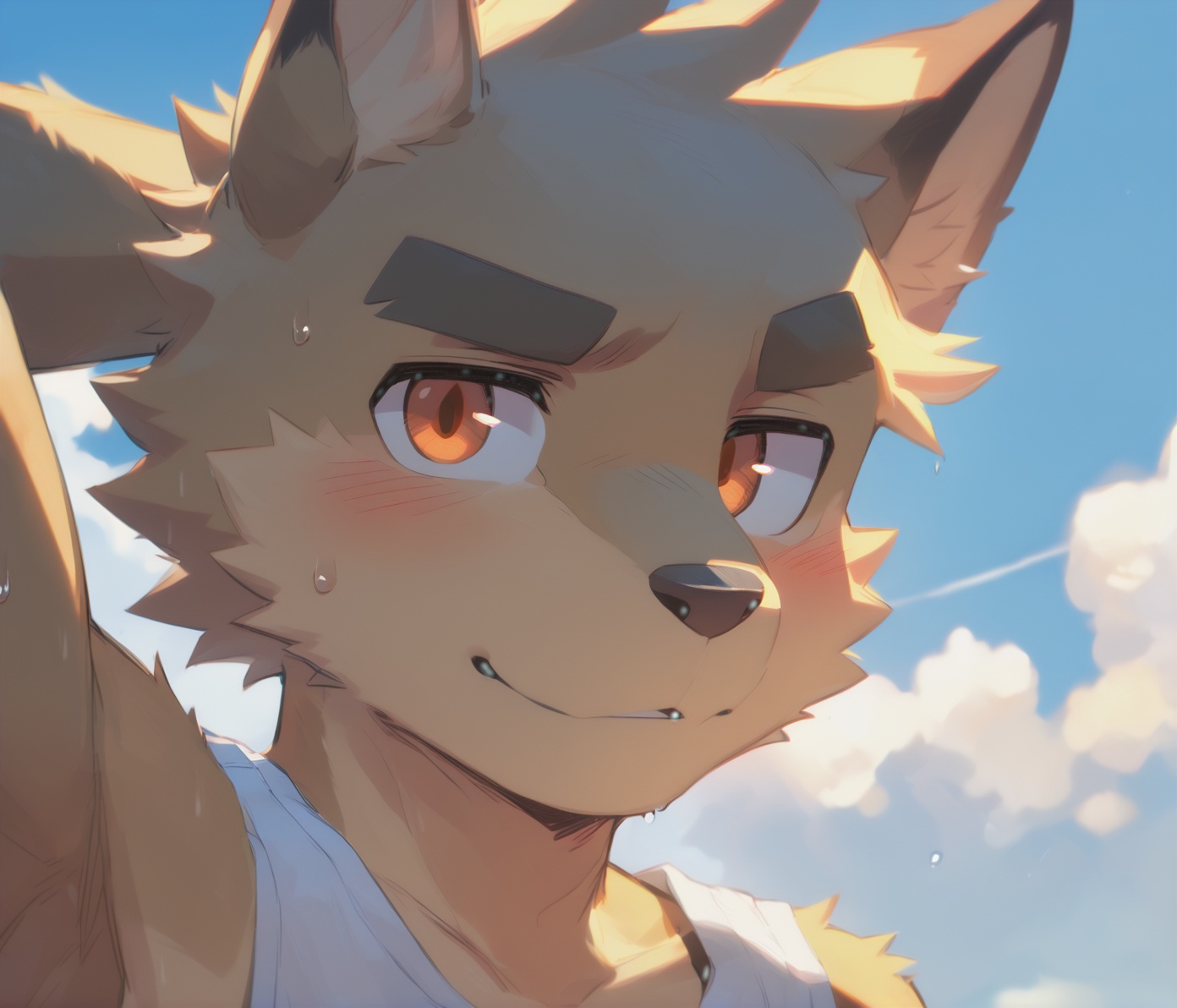 solo, 1boy, male focus, furry male, furry, looking at viewer, animal ears, upper body, orange eyes, short hair, sweat, thick eyebrows, **** top, sky, cloud, snout, shirt, blush, close-up, closed mouth, hand up,body fur,anthro,