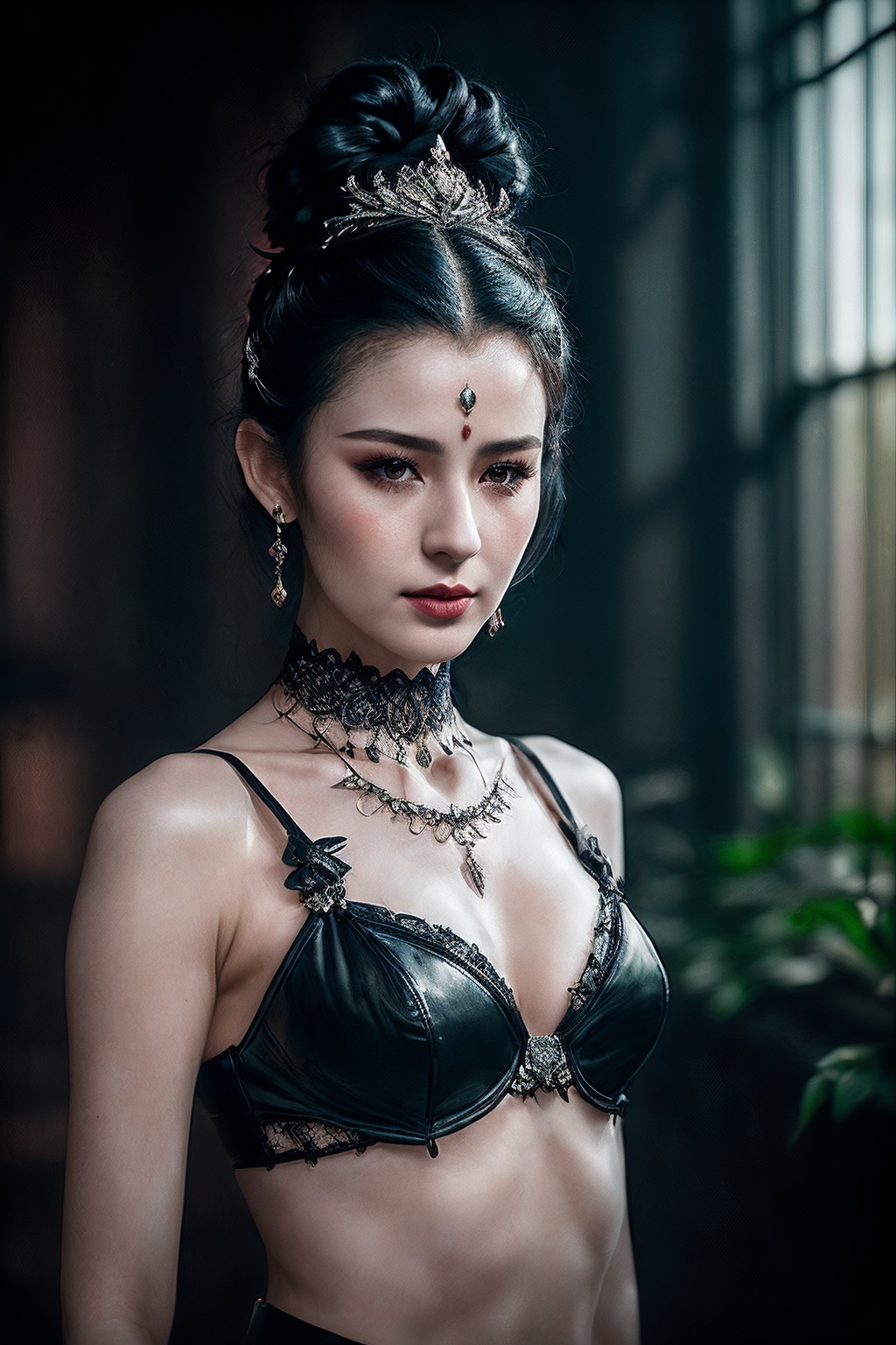 VG09_SoloTI_v1,  (Wearing a captivating black velvet gown that hugs her curves,  adorned with intricate lace detailing and...