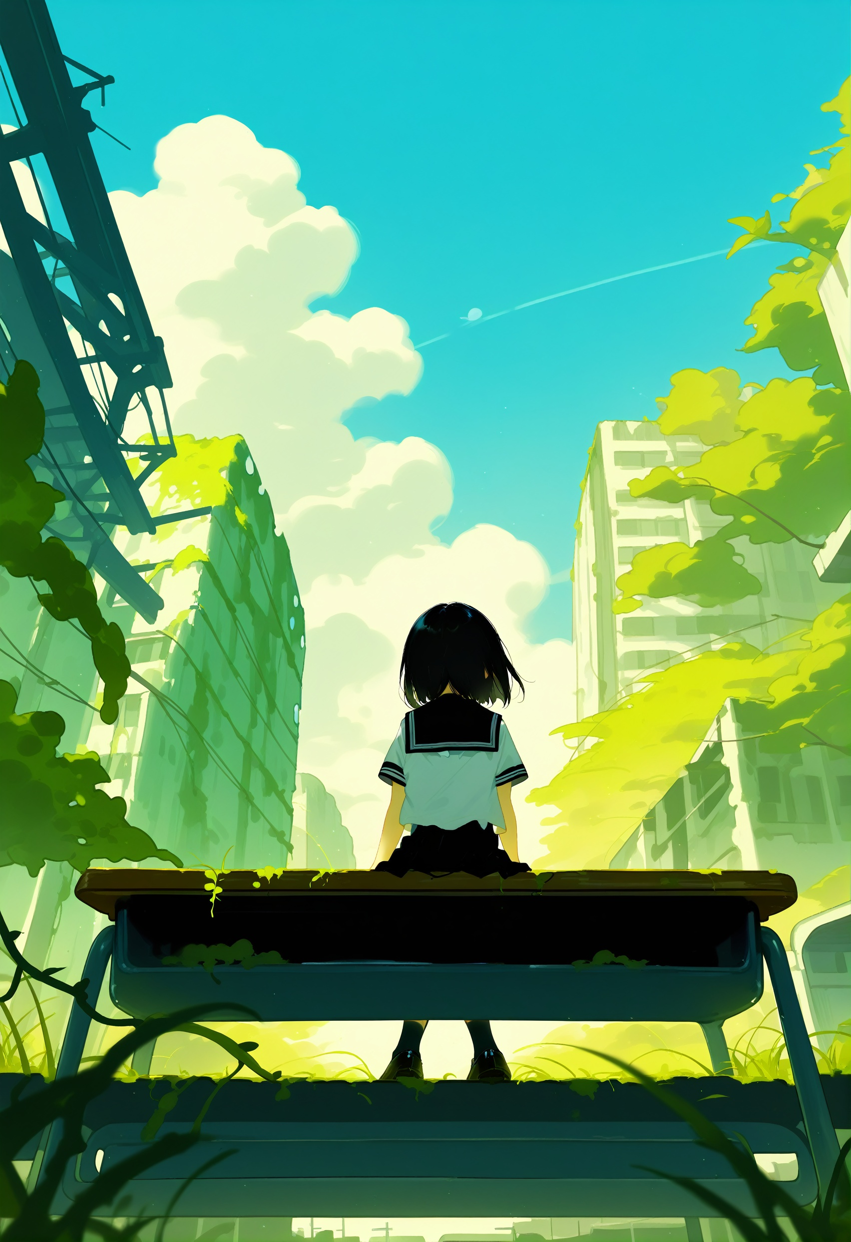 loli, 1girl, overgrown, ruins, school desk, desk, sky, cloud, solo, scenery, outdoors, school chair, sitting, chair, day, school uniform, blue sky, grass, socks, black hair, moss, sailor collar, serafuku, black socks, kneehighs, from behind, shirt, short sleeves, signature, white shirt, on desk, cloudy sky, vines, plant, shoes, classroom, facing away, from below, cumulonimbus cloud, wide shot, blurry foreground, short hair, blurry, sitting on desk, blue sailor collar, black sailor collar, depth of field, sunlight, post-apocalypse, railroad tracks, skirt, summer, medium hair, black footwear, loafers, arms at sides, rust
