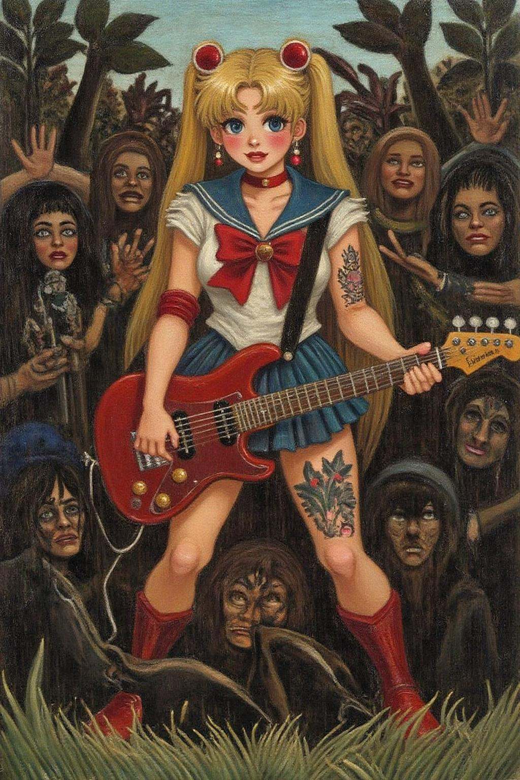henrou1 paintingpunk sailor moon playing a guitar at a heavy metal mosh pit,  tattoos,  piercing. on Tensor.Art