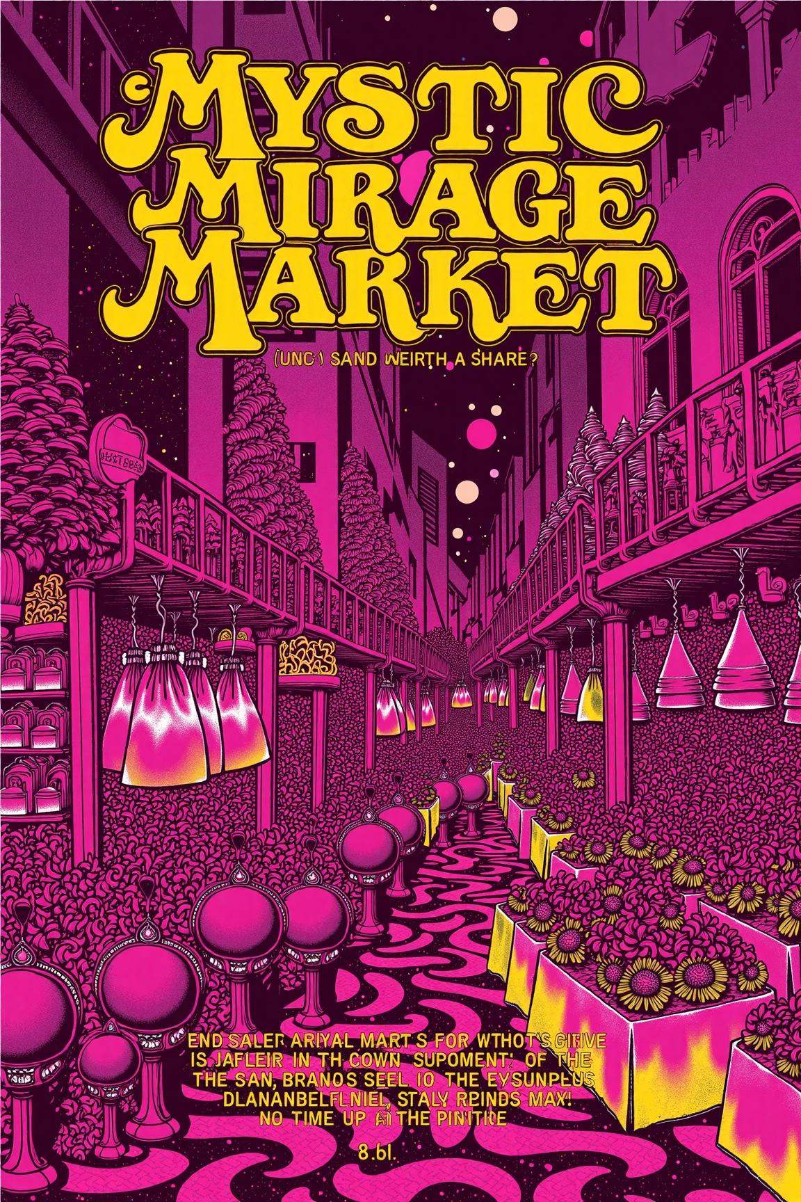 psypop,  70s psychedelic style poster of a "Mystic Mirage Market" psychedelic 1970s pop art poster,  vibrant marketplace w...