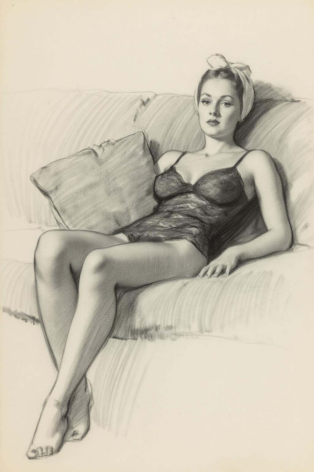 gilelvgren2 Rough pencil sketch of a reclining woman,  wearing a headscarf,  sitting on a sofa. She holds a cushion in one...