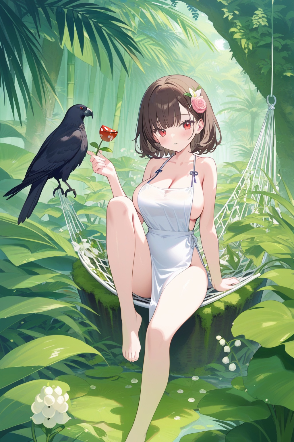 1girl,solo,best quality,detailed,looking at viewer,standing on one leg,sitting,blush,tanabata,tanzaku,parted lips,red eyes,brown hair,short hair,medium hair,hair ornament,bangs,large breasts,innerboob,cleavage,collarbone,leg up,thighs,bare legs,barefoot,white dress,bare shoulders,pelvic curtain,vines,outdoors,high heels,potted plant,palm tree,grass,branch,palm leaf,ivy,jungle,bare tree,garden,thorns,animal,lily \(flower\),mushroom,foliage,bird on hand,watering can,moss,hammock,bare arms,crow,flower pot,overgrown,parrot,bamboo forest,lily pad,bush,tree stump,knee up,ladybug,deer,lily of the valley,cattail,seaweed,skeleton,pond,pink rose,
