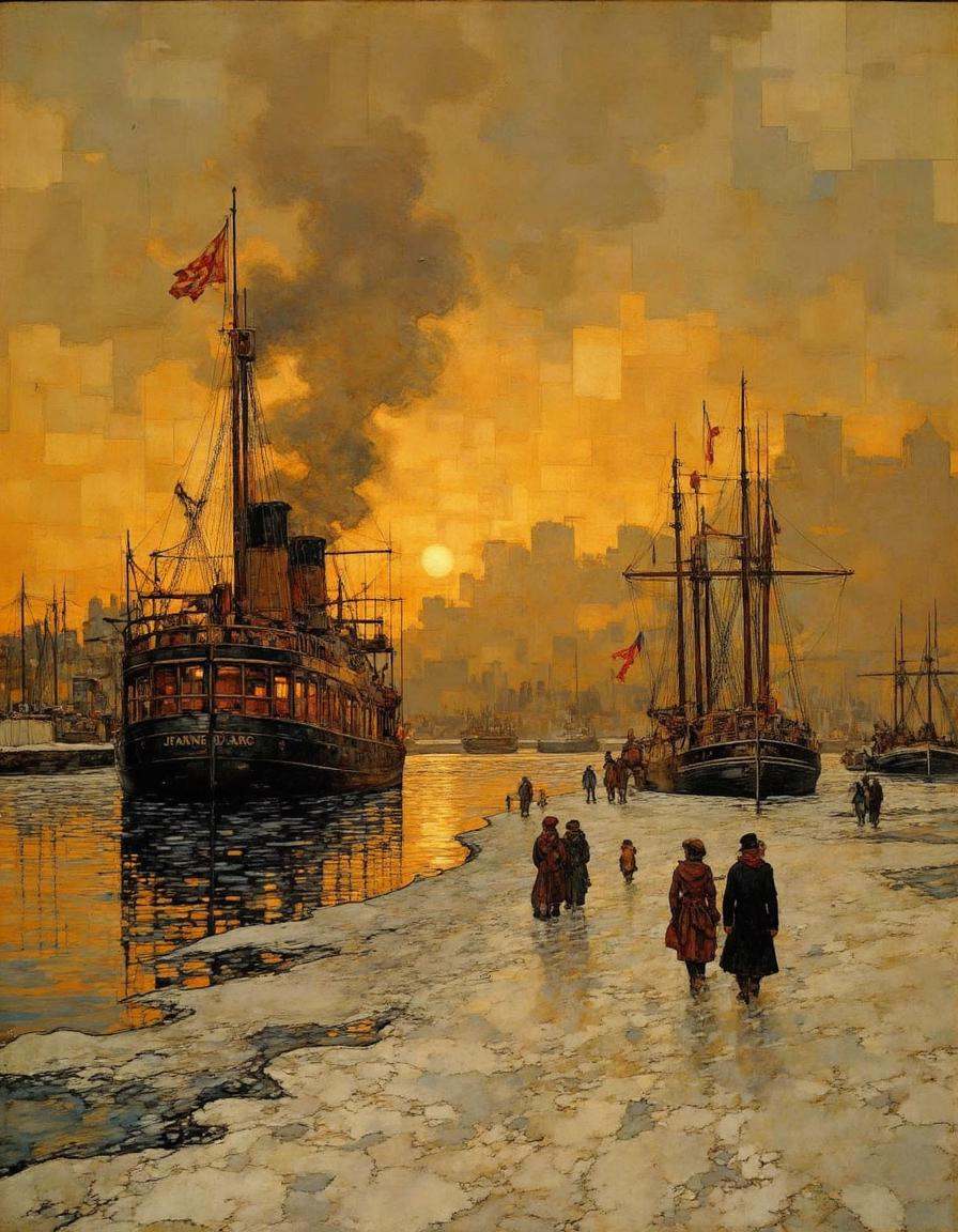 A digital painting depicting a historical maritime scene set at dusk. The sky is ablaze with a fiery orange and yellow glo...