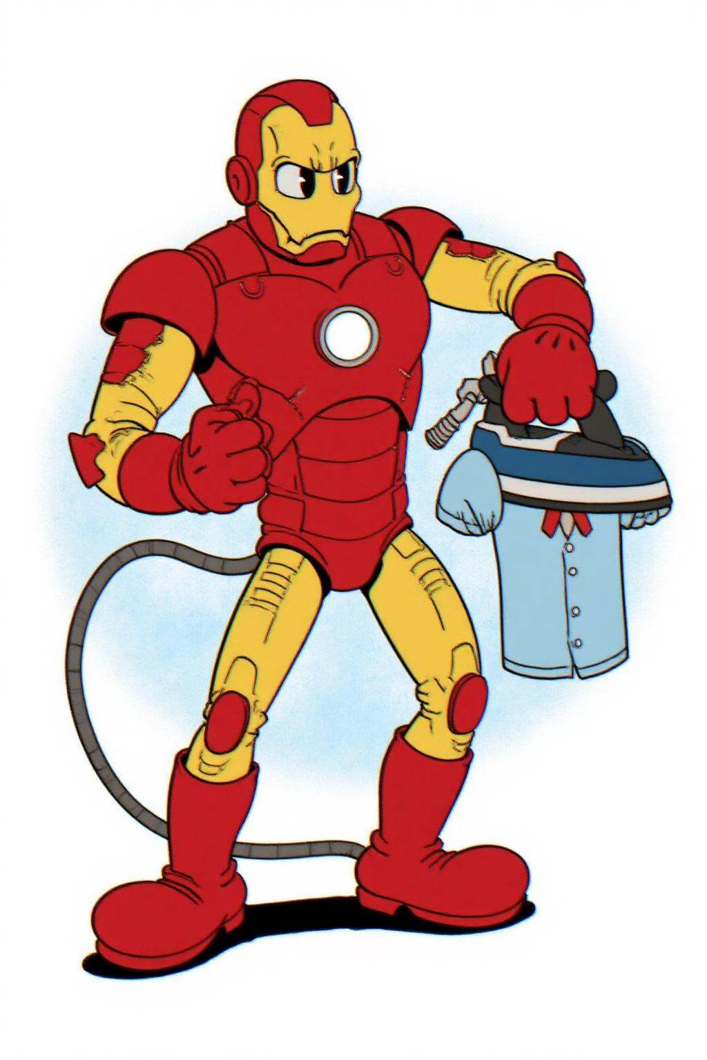 rubber hose animation style.Iron man from Marvell Comics ironing a shirt. on Tensor.Art