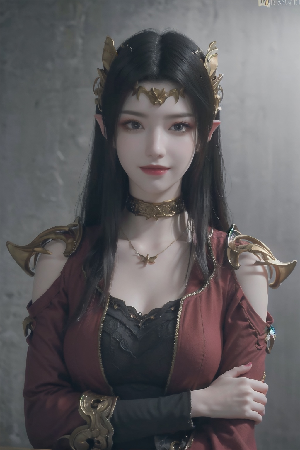 1girl,dress,hair ornament,pointy ears,choker,long sleeves,looking at viewer,smile,photography,super realistic,dynamic,exquisite (photography:1.3),grey_background,fashion photography,simple background,posing,((best quality)),((masterpiece)),((ultra-detailed)),HDR,