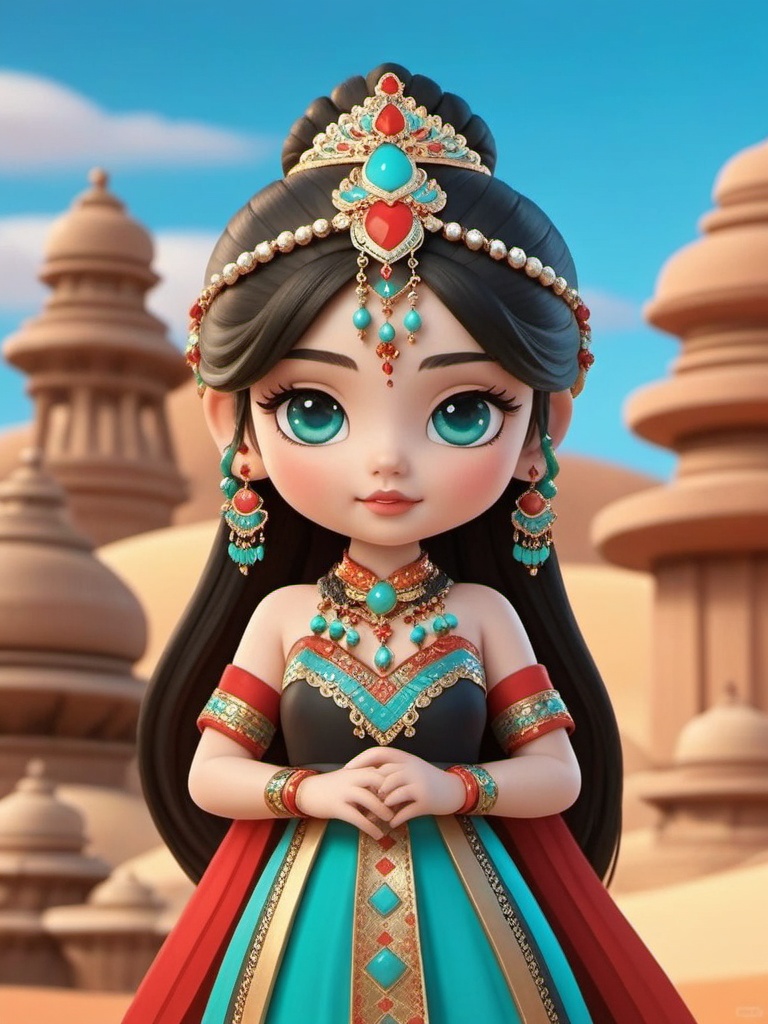 manghe,c4d, A cute, fair-skinned Asian girl with big, expressive brown eyes and long, black hair styled in a fancy updo, adorned with blingy, red and turquoise jewelry. She's rocking a traditional Indian outfit with a turquoise and gold bodice, red and gold bling, and a matching headpiece. The backdrop features sandstone structures in a desert setting under a clear blue sky. The art style is super detailed and realistic, with a focus on her innocent, charming vibe.,<lora:manghe_v1-000010:0.8>