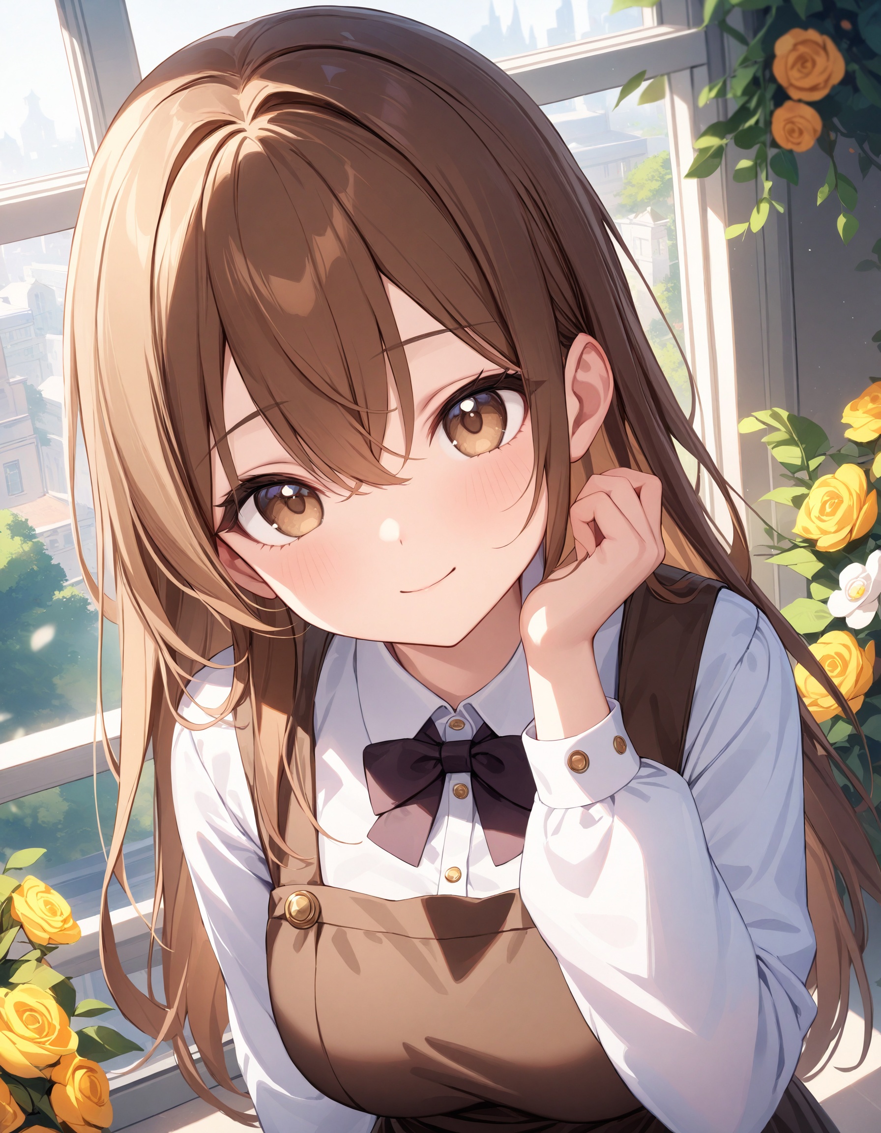 Depth of field. Cowboy shot. Cinematic angle. 1girl. Solo. Light smile. Elegant pose. Put hand near by cheek. Head tilt. L...