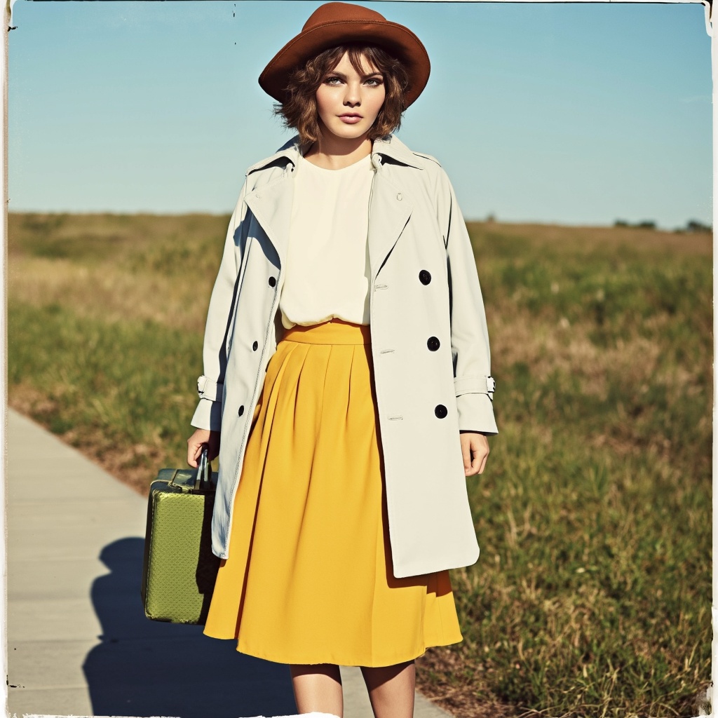 A portrait camren_bicondova standing outdoors on a sidewalk. She wears a white blouse, a yellow midi skirt, and a white trench coat with black buttons. She carries a green suitcase with a silver handle. Her brown hat has a wide brim and her hair is styled in a bob. The background shows a grassy field and a clear blue sky. The image style is vintage, emphasizing the woman's attire and the natural setting.