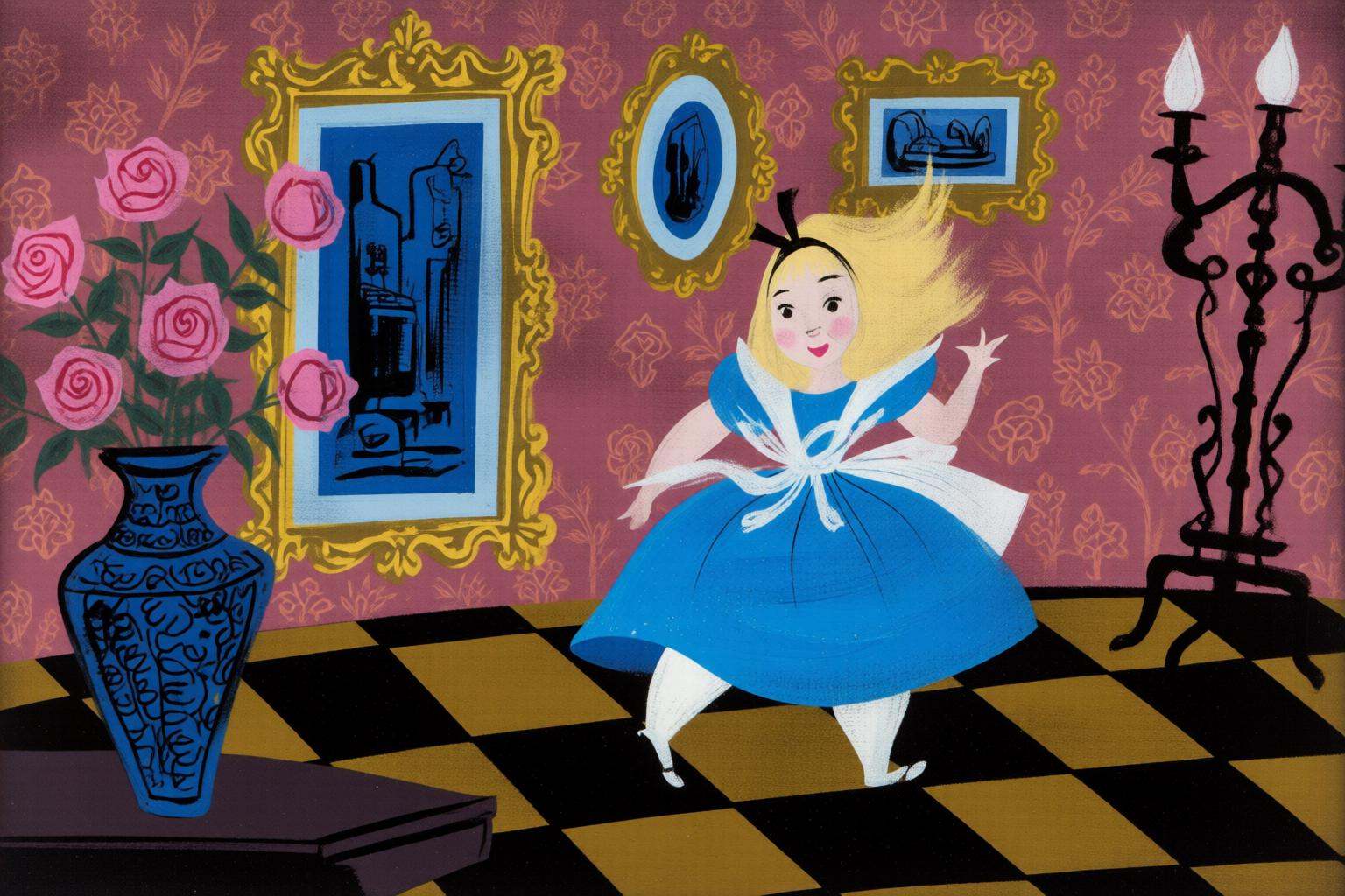maryblair4q illustration. A girl in a blue dress and white shoes,  her back to the viewer,  stands in a room with a checke...