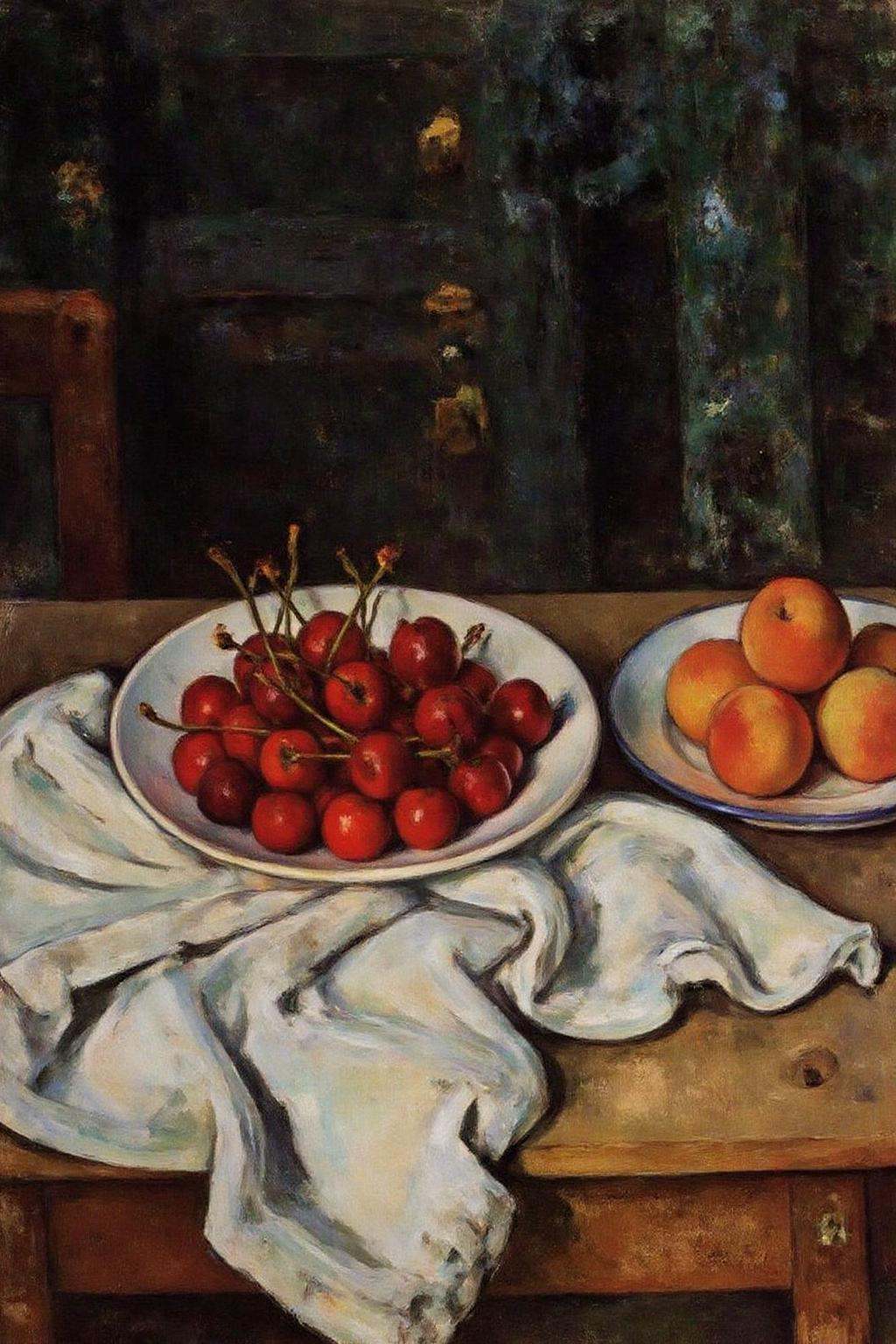 pau1cez painting. A still life arrangement on a wooden table with a simple,  rustic setting. On the left side of the compo...