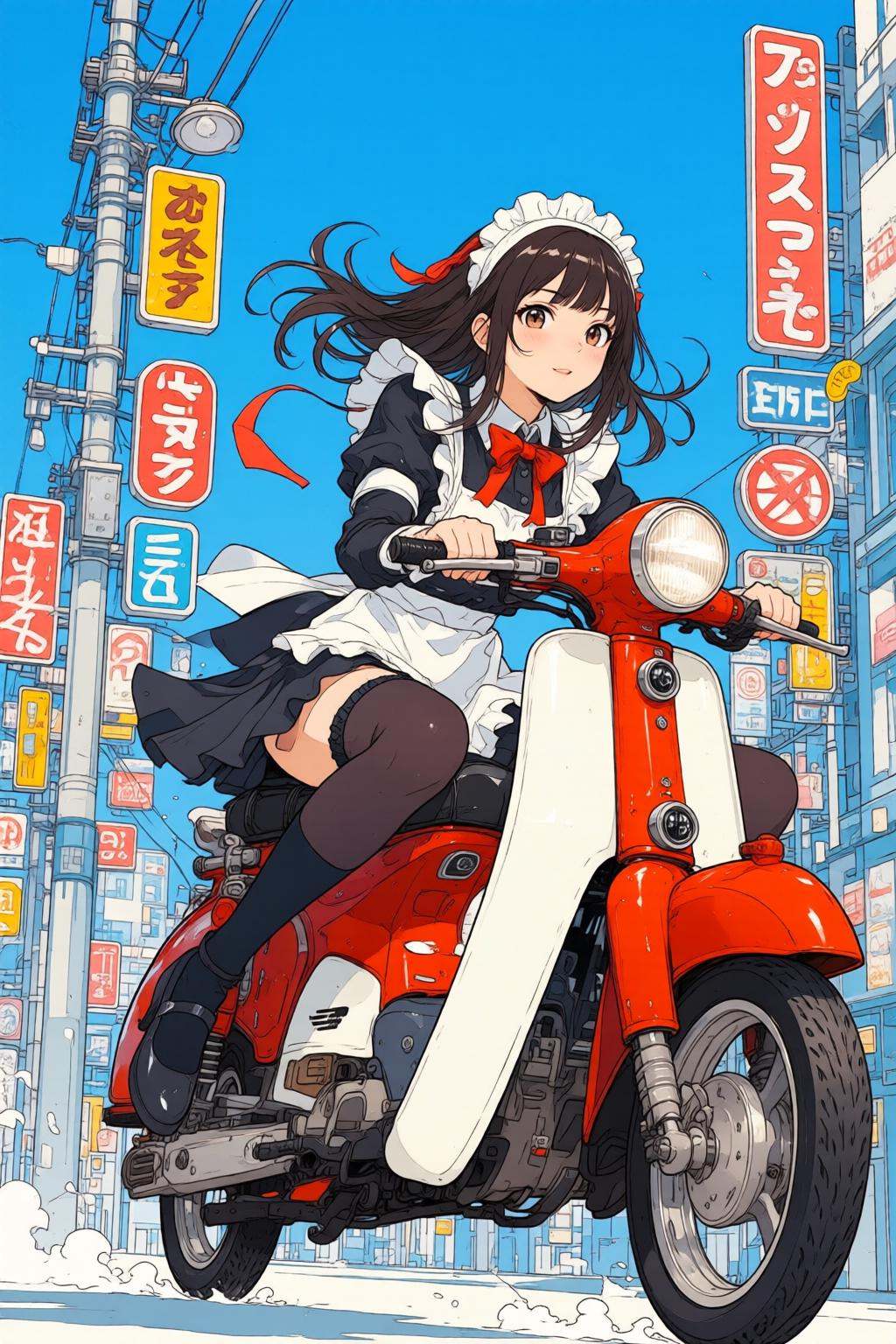 nijimix6q anime style illustration. A girl is riding a red and white scooter through a bustling urban environment in Japan...