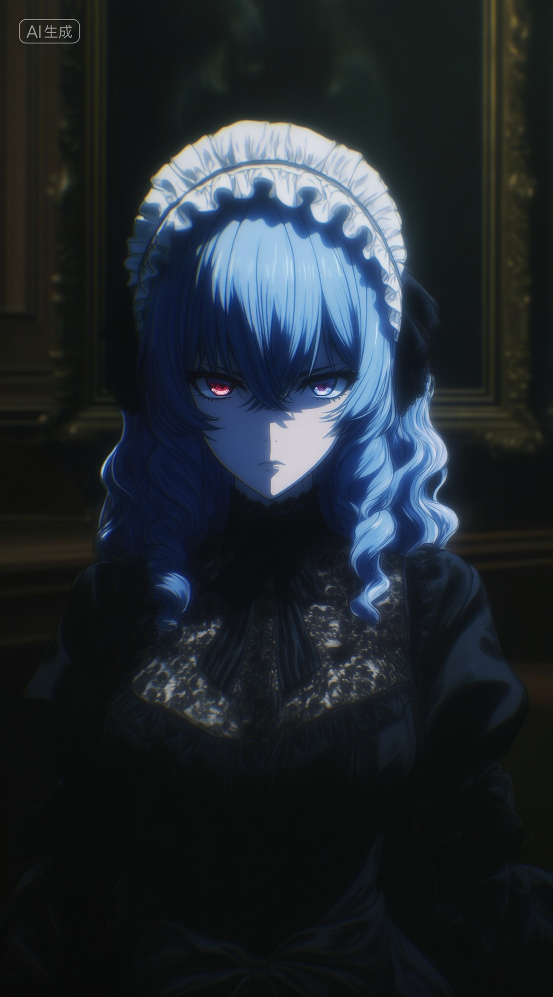 a digital illustration shoot from a portrait camera angle about a character with blue hair wearing a black dress and a whi...