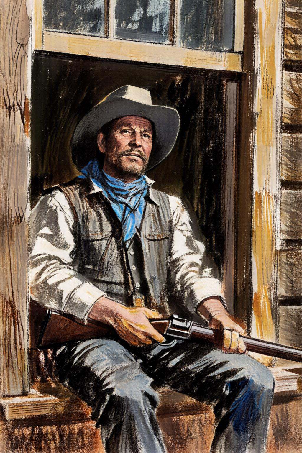 giannirenna2q illustration. schoonover1. A cowboy sits on the edge of a open window of a cabin. He is a rugged,  middle-ag...