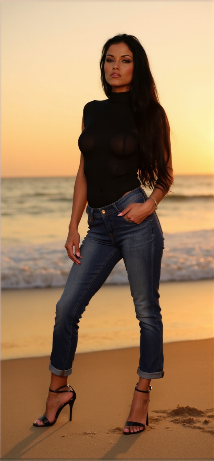 lanny barbie,  full body,  a woman with black long hair. She wears a turtleneck and a tight jeans and higheels. She poses...