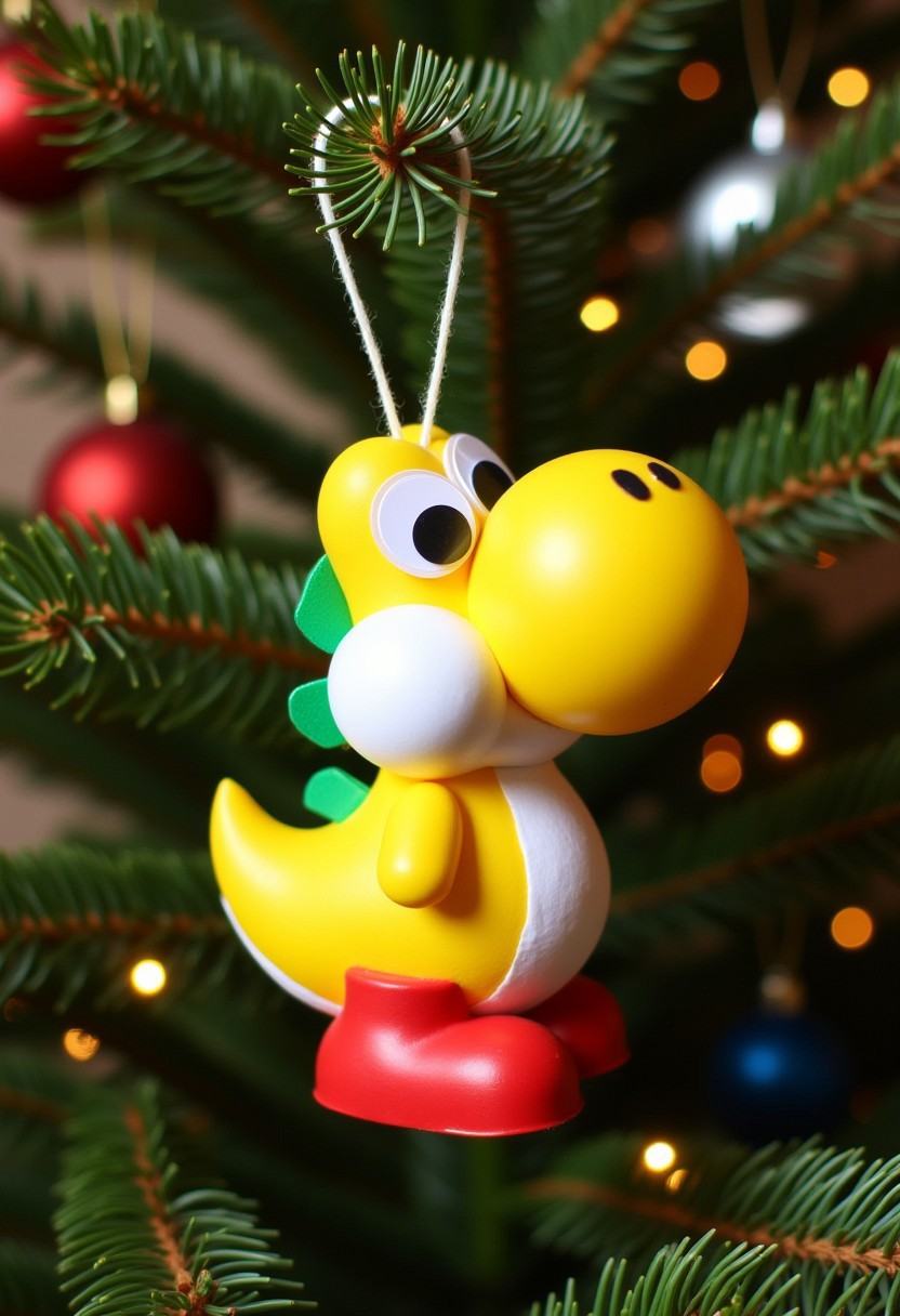 Photograph of a festive,  whimsical,  handmade Christmas decoration in the form of a yellow Yoshi from Super Mario on Tens...