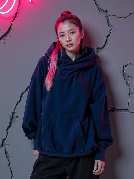 mad-cbrpnkhd02,  front view of a woman wearing dark blue hoodie,  hood_up on Tensor.Art