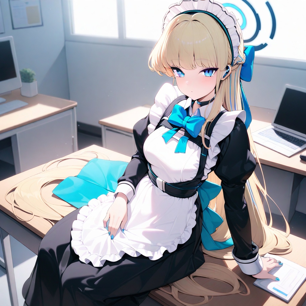 masterpiece, best quality, very aesthetic, ultra detailed,1girl, solo, <lora:tokiANILION-000016:0.8>, LMtoki, toki, long hair, halo, blonde hair, long hair, maid, long dress, black dress,long sleeves, blue eyes, puffy sleeves, maid apron, blue bowtie, blue waist bow, blue nails,looking at viewer, indoors, sunlight, desk, office, sitting_on_desk, 