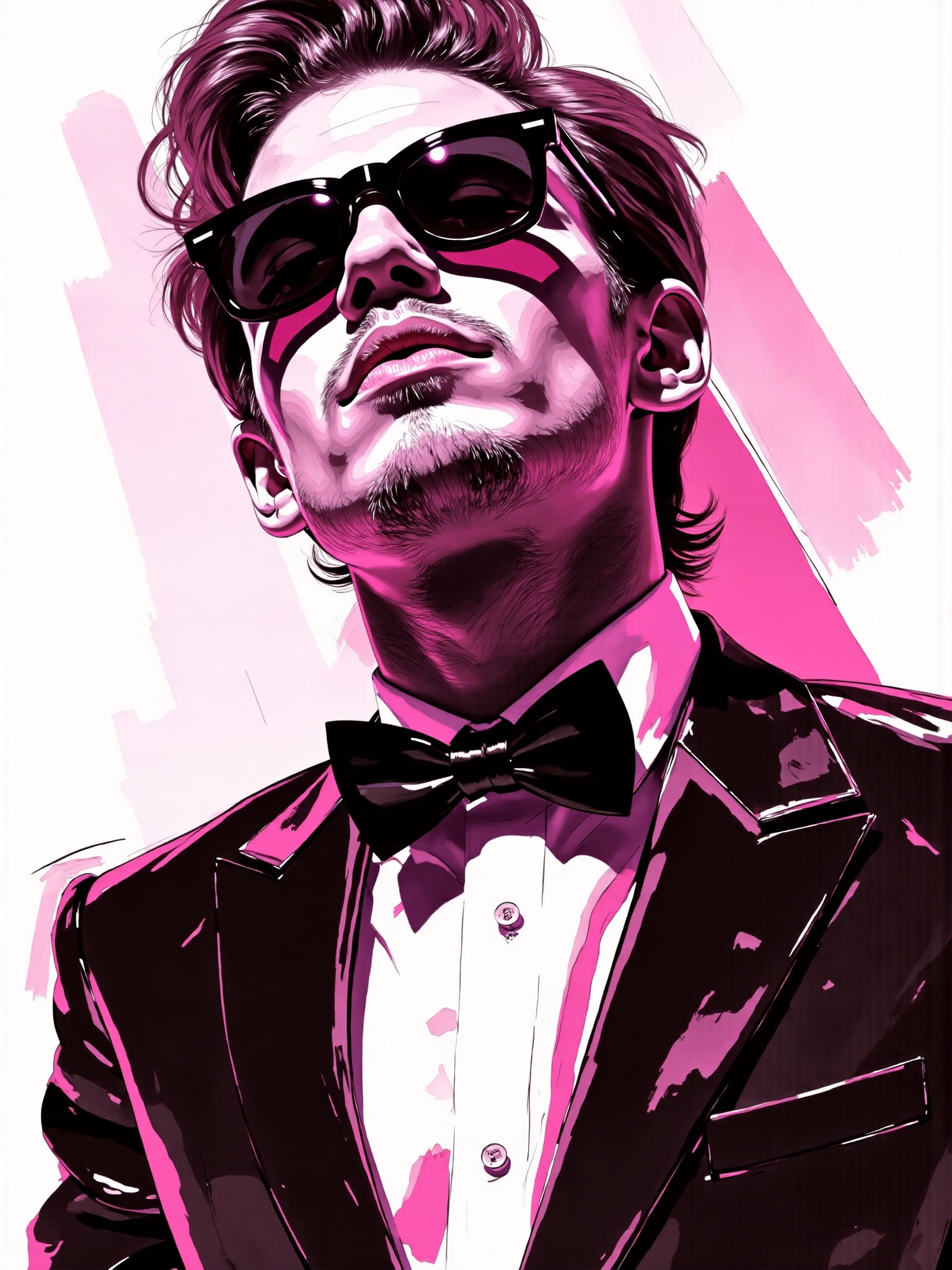mad-mdrnmnmlsm painting of man wearing magenta bowtie and shirt and magenta suit brush_stroke on Tensor.Art