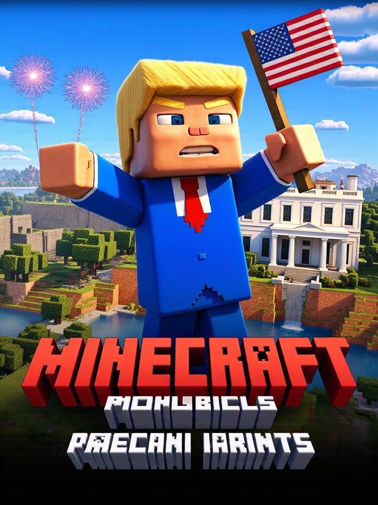 Movie poster for "Minecraft: Presidential Blocks",  featuring a blocky Donald Trump character with iconic cubic blonde hai...