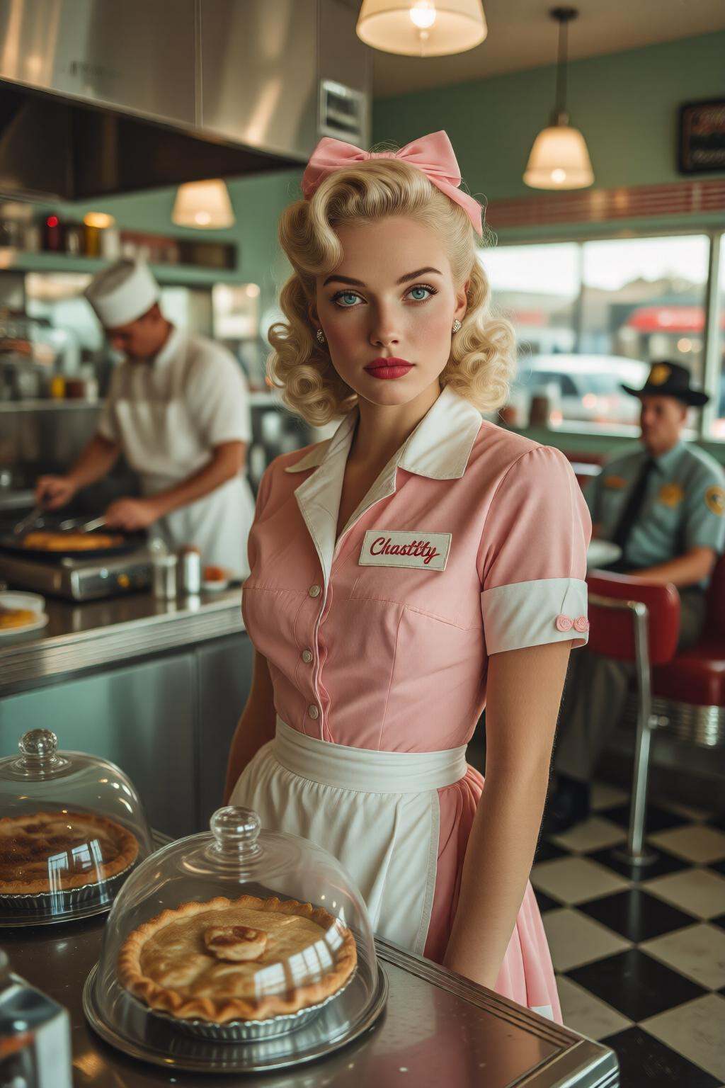 midjourneymix10q photograph.Silmas. A waitress named "Chastity" standing behind the formica counter of a sun-drenched,  cl...