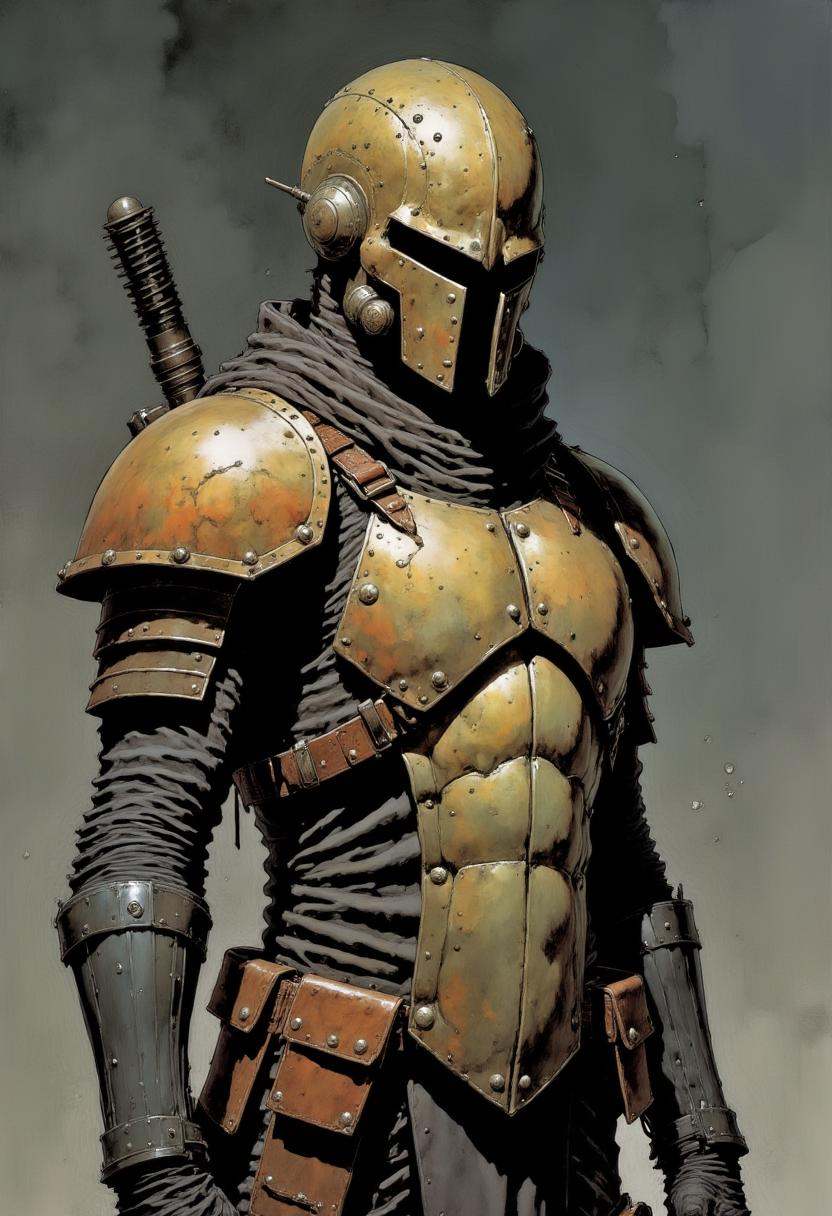 This image is a highly detailed digital painting depicting a futuristic warrior in a medieval-style armor. The warrior is...