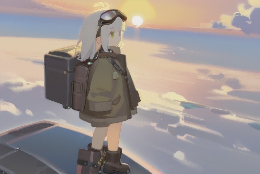 masterpiece,best quality,illustration,ultra detailed,hdr,Depth of field,(colorful),artist:tianliang duohe fangdongye,bright outline,1girl, solo, bomber jacket, pilot coat, goggles on the head, white long hair, Green eyes , four-leaf clover, wind-blown clothes, leather boots, leather material, bare legs, brown backpack, walkie-talkie, antenna, scout, exploration, signal transmitter, sunset, setting sun, Tyndall light, horizon, ultimate color, melancholy expression, the girl looks into the distance, parachute, cumulonimbus, clouds, aerial view, distant view, airship, hyperdetail, nature landscape, clouds,