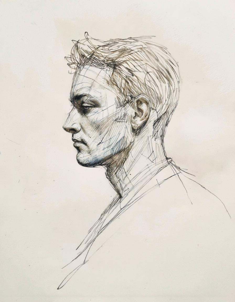 This is a detailed pencil drawing of a man's head and neck in profile,  rendered in a realistic style on Parchment paper....