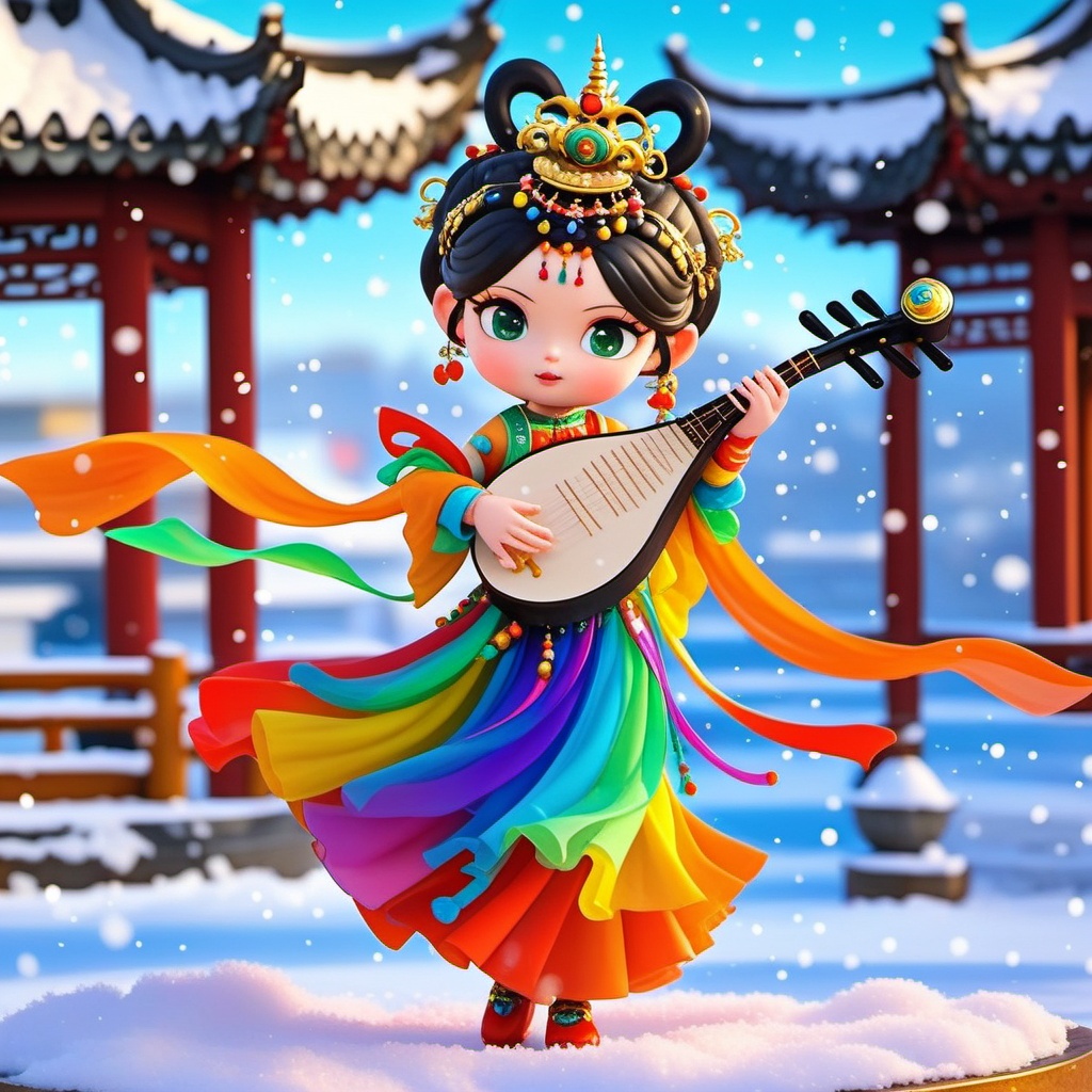 Q edition,shinv, A cute, anime-style girl with big, expressive green eyes and pale skin stands in a snowy scene, rocking a traditional Chinese dress decked out in vibrant rainbow hues. Her hair is styled in an intricate updo with gold and red bling. She's strumming a lute with a focused look. In the background, there's a traditional Chinese pagoda and snow-covered trees. The whole scene is super detailed and vibrant, with a magical, festive vibe.<lora:shinv_v1:0.8>,