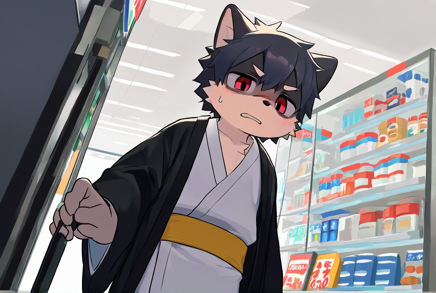 1boy,convenience store,kimono,shota,disgust,furry,from_below,